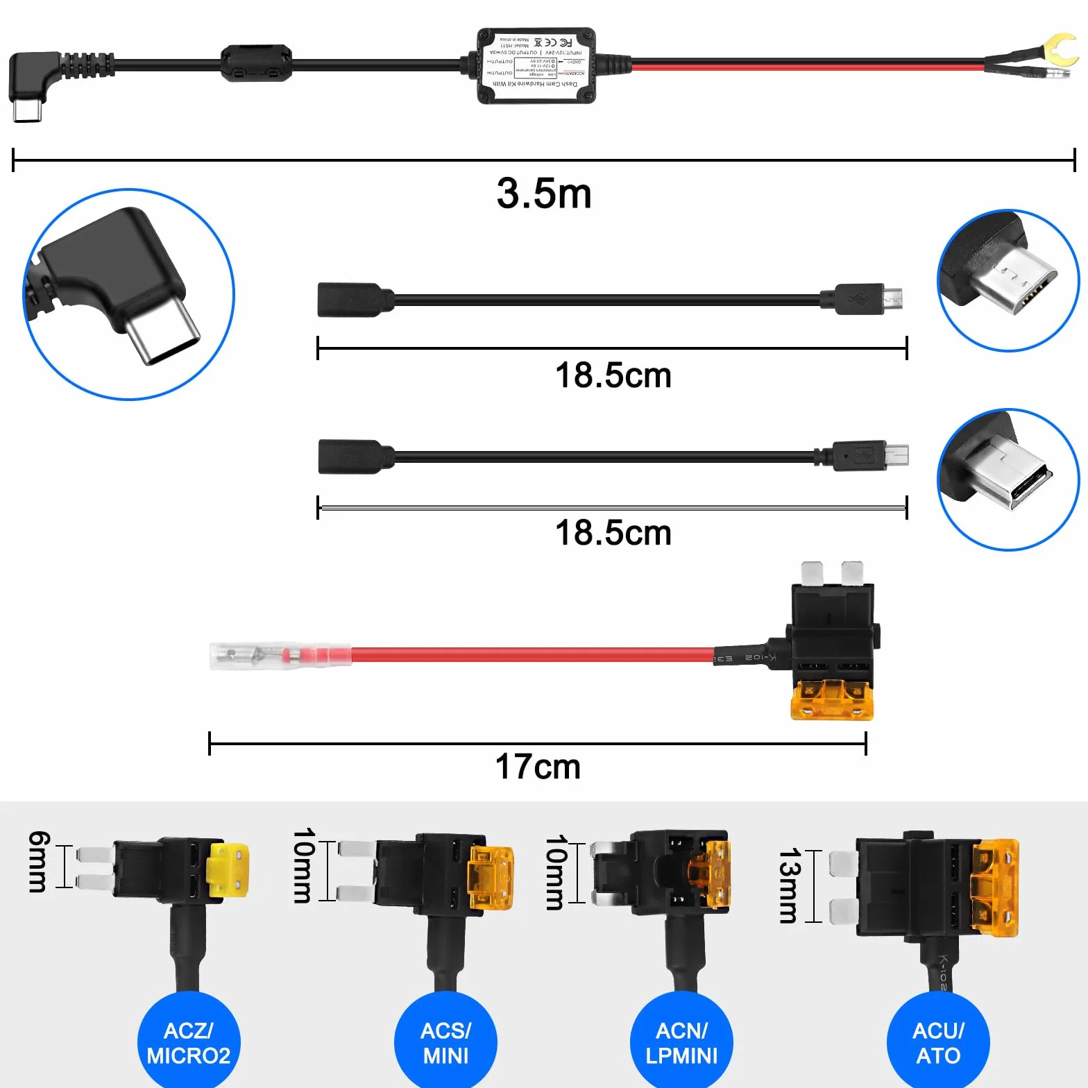 XMSJSIY Zestaw do kamery samochodowej Hardwire Adapter USB typu C Micro/Mini USB Hardwire Kit Car Dash Cam ładowarka przewód zasilający 12 V-24 V do 5 V z 4 kablami bezpiecznikowymi i narzędziem do