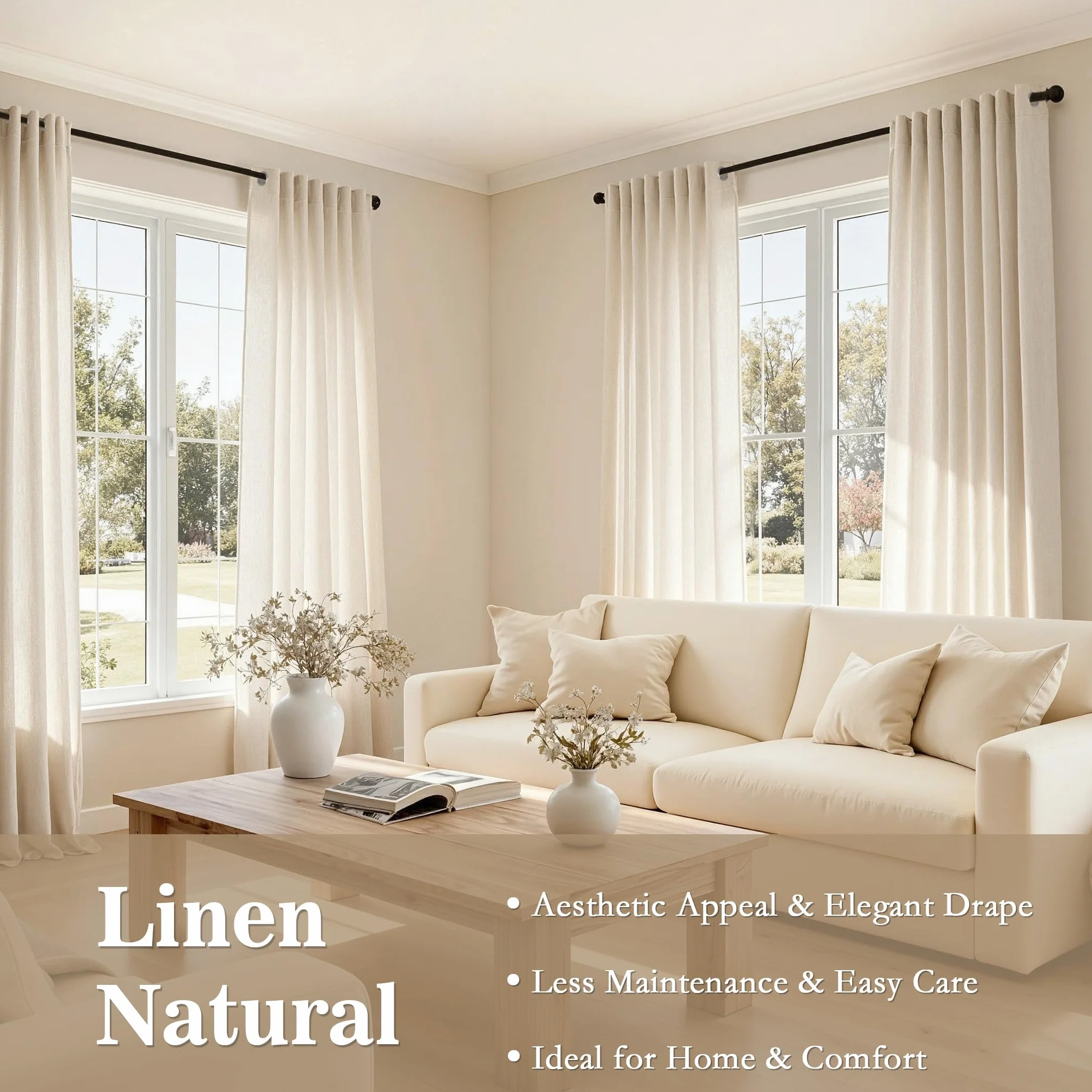 Rideau Voilage Lin Naturel Beige 140x240cm 2pcs Oeillets Moderne Translucides Salon Chambre