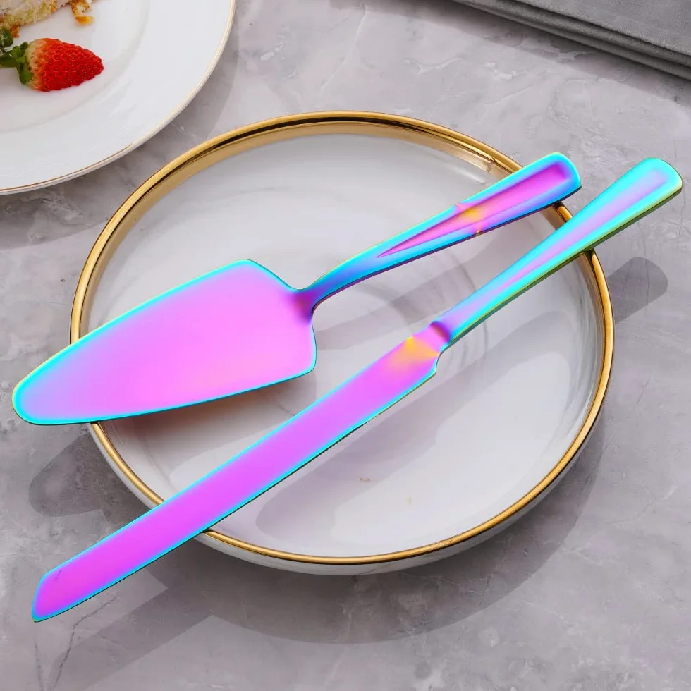 GoGeiLi Couteau et serveur à gâteau arc-en-ciel en acier inoxydable pour mariage