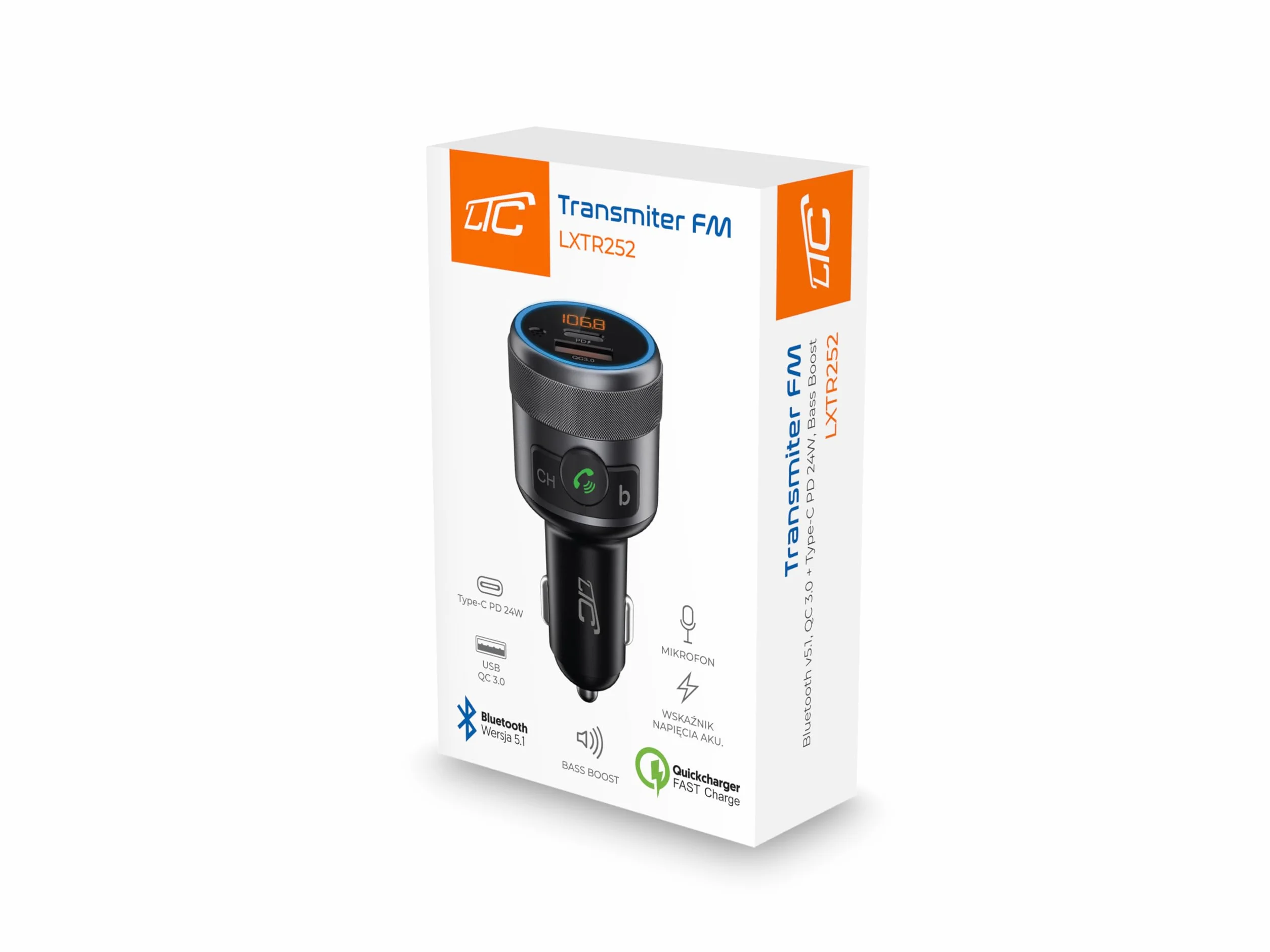 LTC Transmiter Samochodowy LTC TR252 z Bluetooth 5.1 - Wysoka Jakość Dźwięku, Zestaw Głośnomówiący, Szybka Ładowarka Power Delivery 3.0, Tester Napięcia Akumulatora