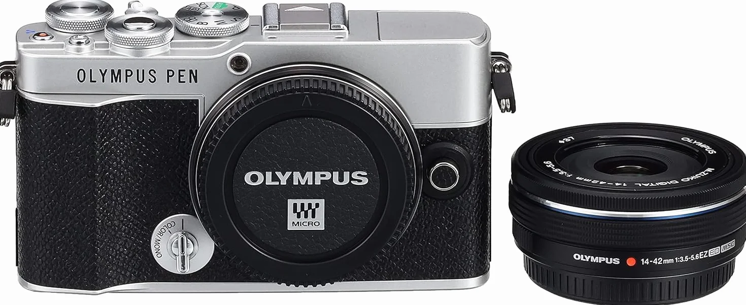 Olympus Pen E-P7, matryca 20 MP, odchylany ekran HD LCD, wideo 4K, Wi-Fi, sterowanie profilami kolorów i monochromatycznymi, srebrny, w zestawie obiektyw M.Zuiko Digital ED 14-42 mm EZ, czarny