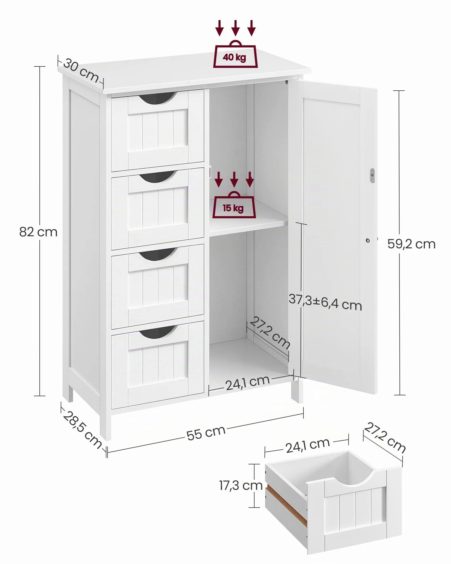 VASAGLE Meuble Salle de Bain Rangement, Armoire Gain de Place, Commode, avec 4 Tiroirs, Placard avec Porte, Étagère Réglable, 30 x 55 x 82 cm, Blanc Nuage LHC41W