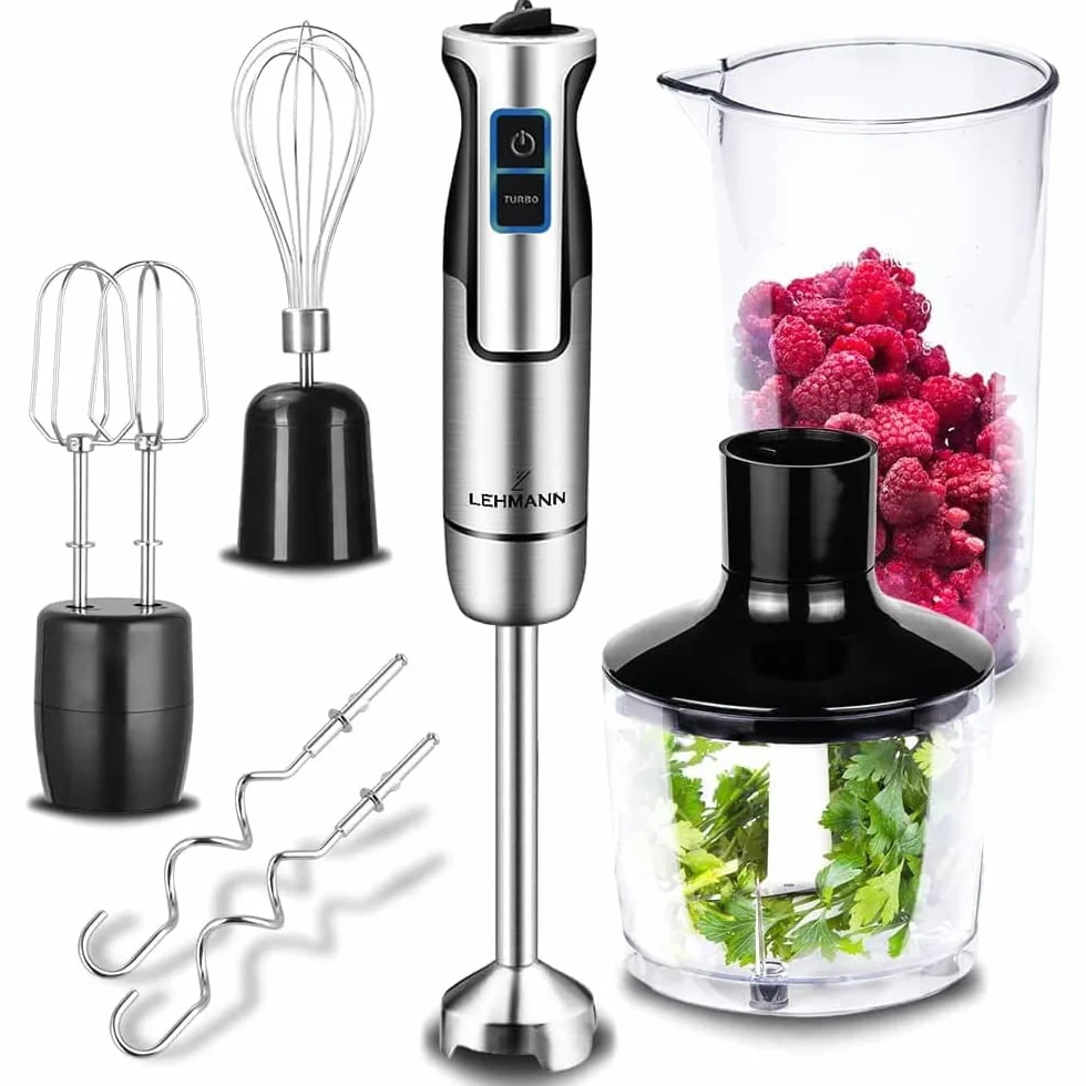 LEHMANN Chowmei 5-en-1 Mixeur Plongeant 1200 W, Réglage de vitesse à 8 niveaux, Fonction Turbo, Mixeur Multifonction avec 6 accessoires - Batteur, Fouet, Hachoir 600 ml, Verre Doseur 860 ml