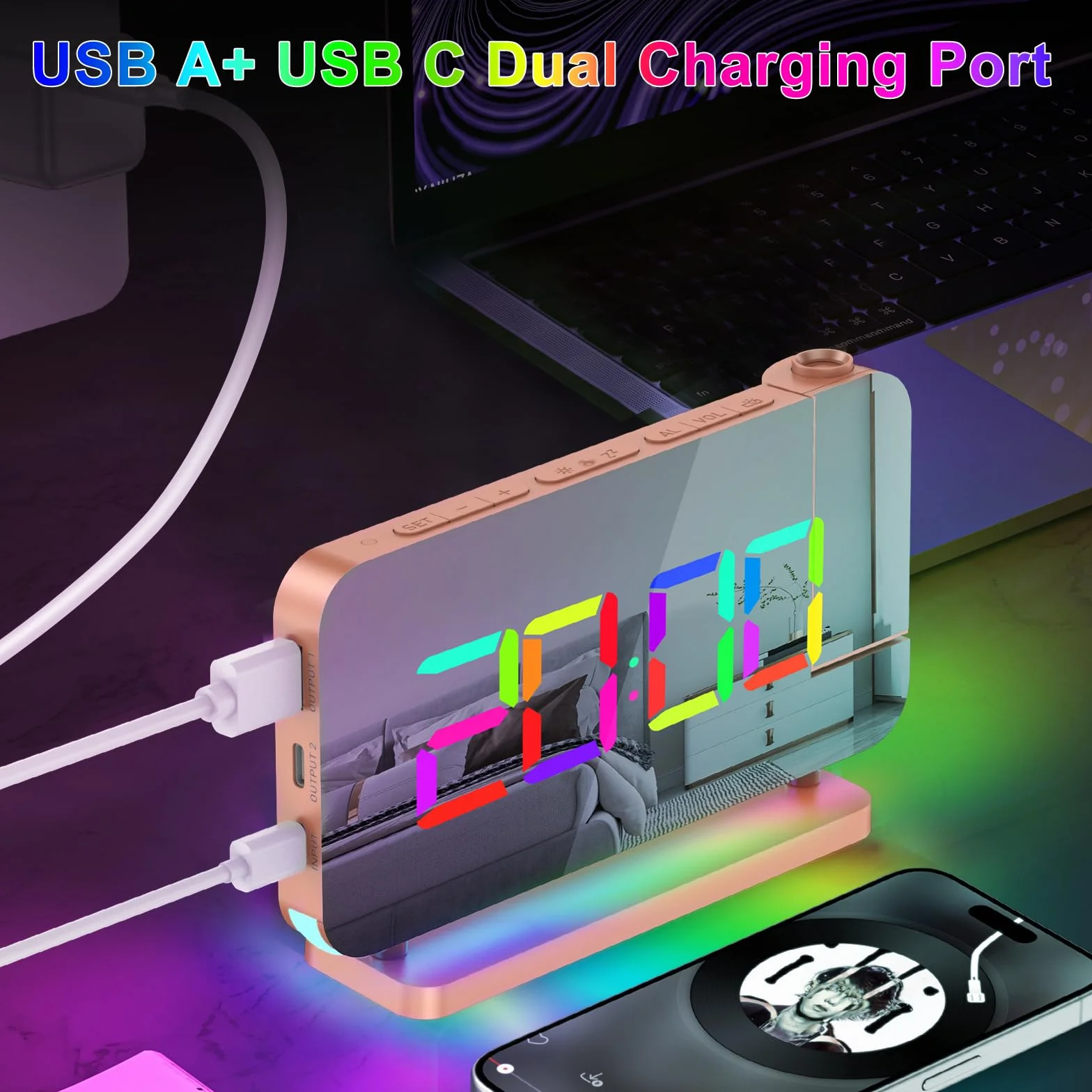 Euakee Réveil Numérique LED Miroir 7.4" Projecteur Rotatif 180° Chargeur USB-C Veilleuse 10 Couleurs