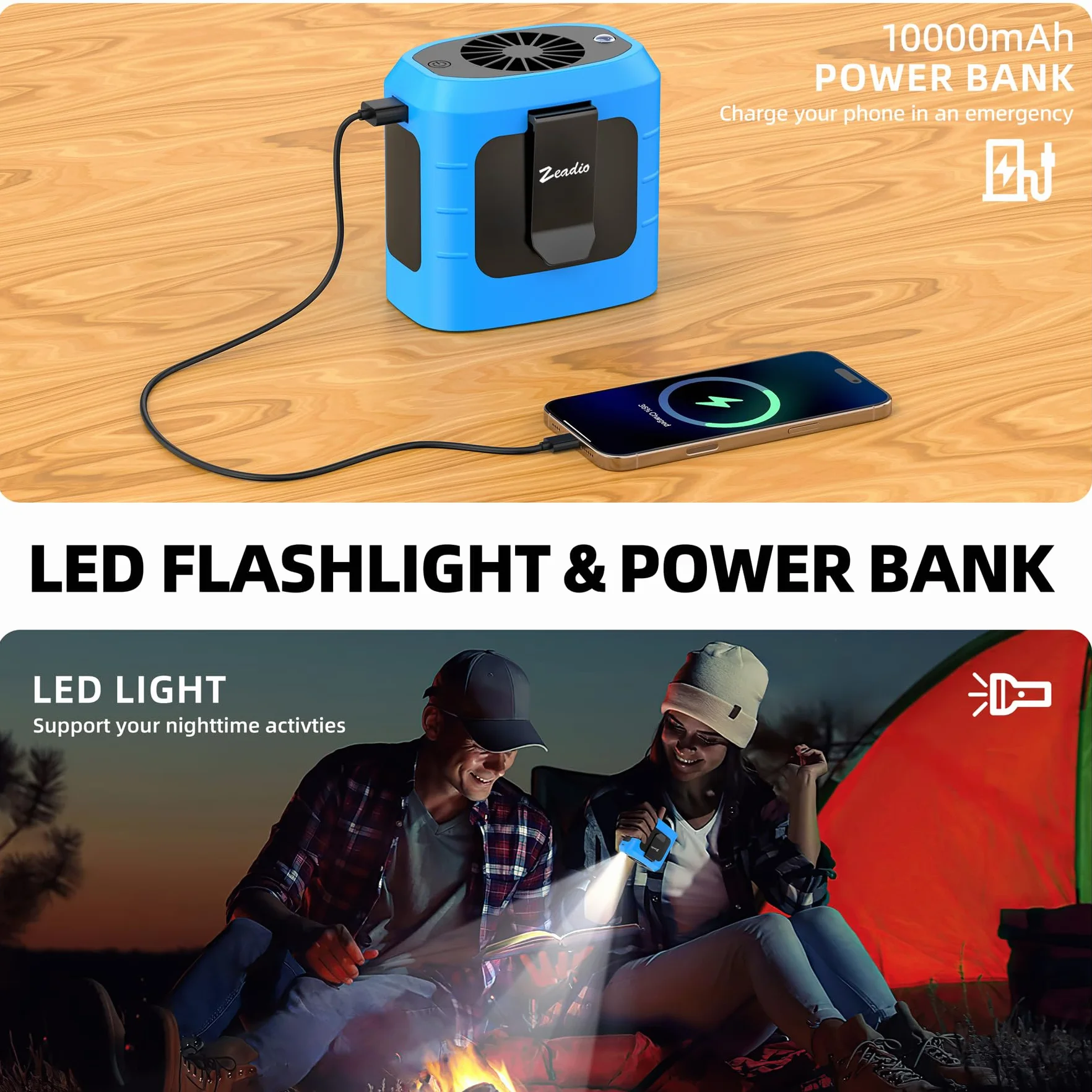 Zeadio Ventilateur Portable à Clip Ceinture, 10000 mAh, Ventilateur Mains Libres avec Lampe Torche LED&Batterie Externe, Ventilateur Rafraîchissant pour Travail en Extérieur, Pêche, Randonnée, Bleu