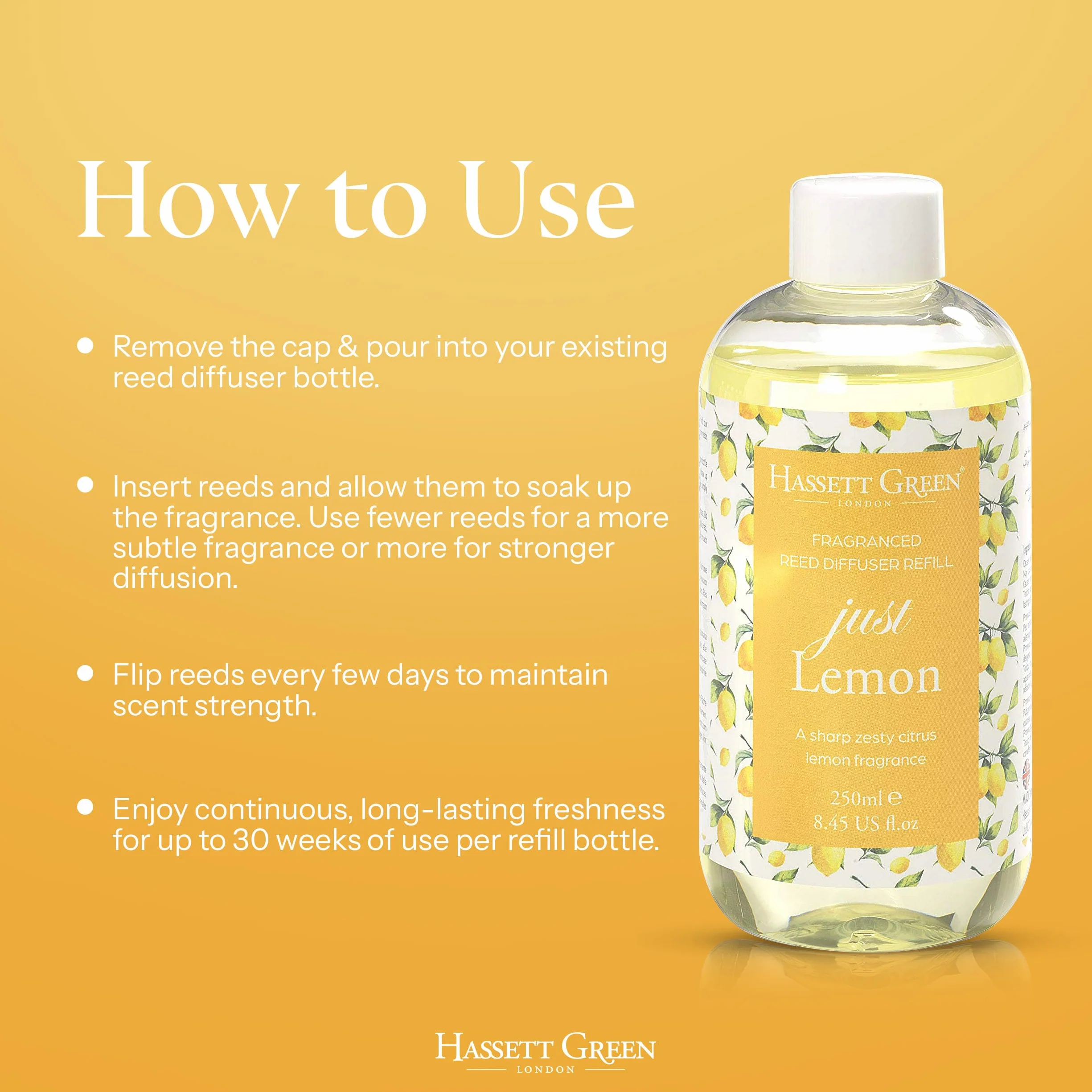 Hassett Green London Recharge de Diffuseur à Roseaux Just Lemon 250ml Parfum Citron Zesté Écologique Vegan
