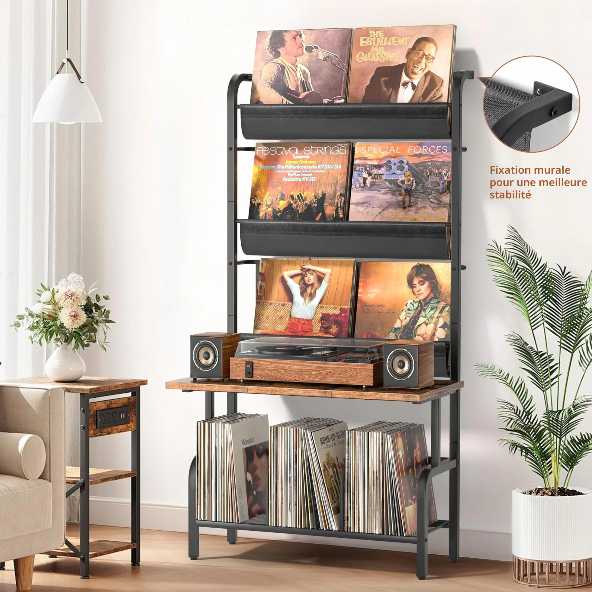 Bikoney Meuble Tourne-disque avec Rangement Vinyles – Support Platine Vinyle pour Jusqu’à 300 Albums, Table de Tourne-disque Vintage, Étagère de Rangement pour Disques et Stéréo Plus Grand