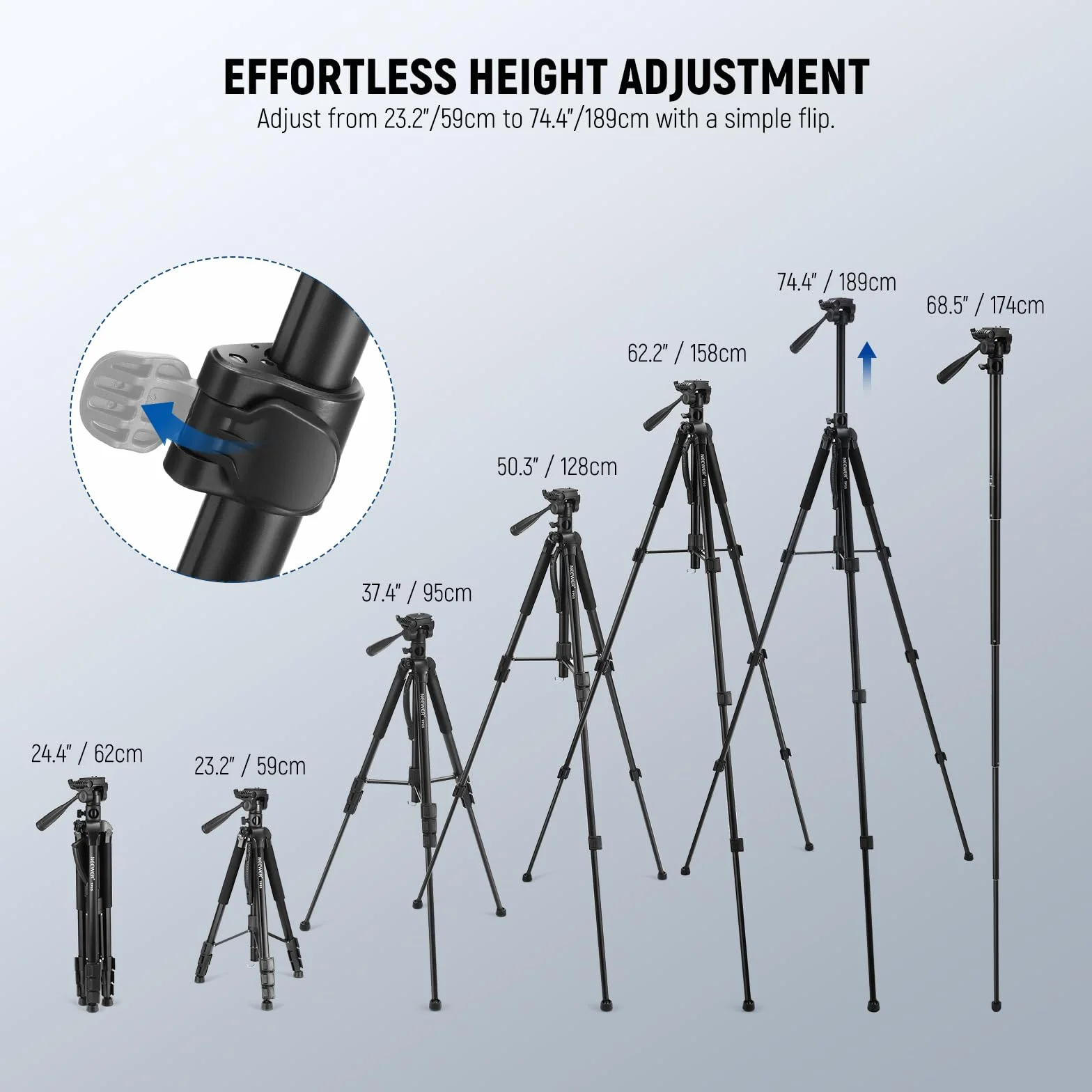 NEEWER BASICS TP05 188.0 cm statyw wideo monopod, 3-kierunkowy uchwyt na telefon z głowicą Pan Tilt, kompatybilny z iPhone DSLR, stojak do nagrywania podróży, uchwyt na kamerę górną, poprzeczkę