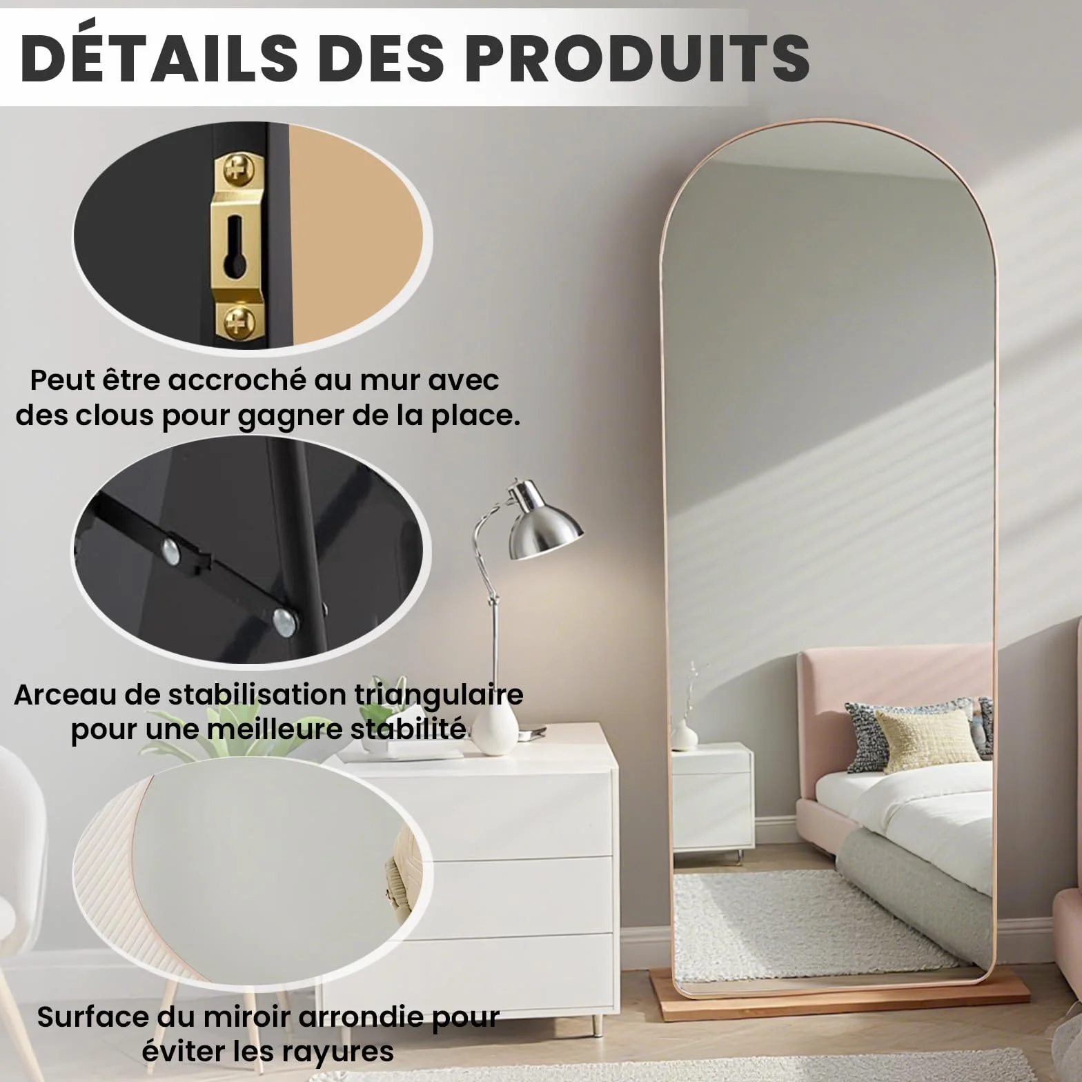 Miroir sur Pied 160x50cm Doré Arché Verre Trempé Grand Miroir Mural XXL Salon Chambre