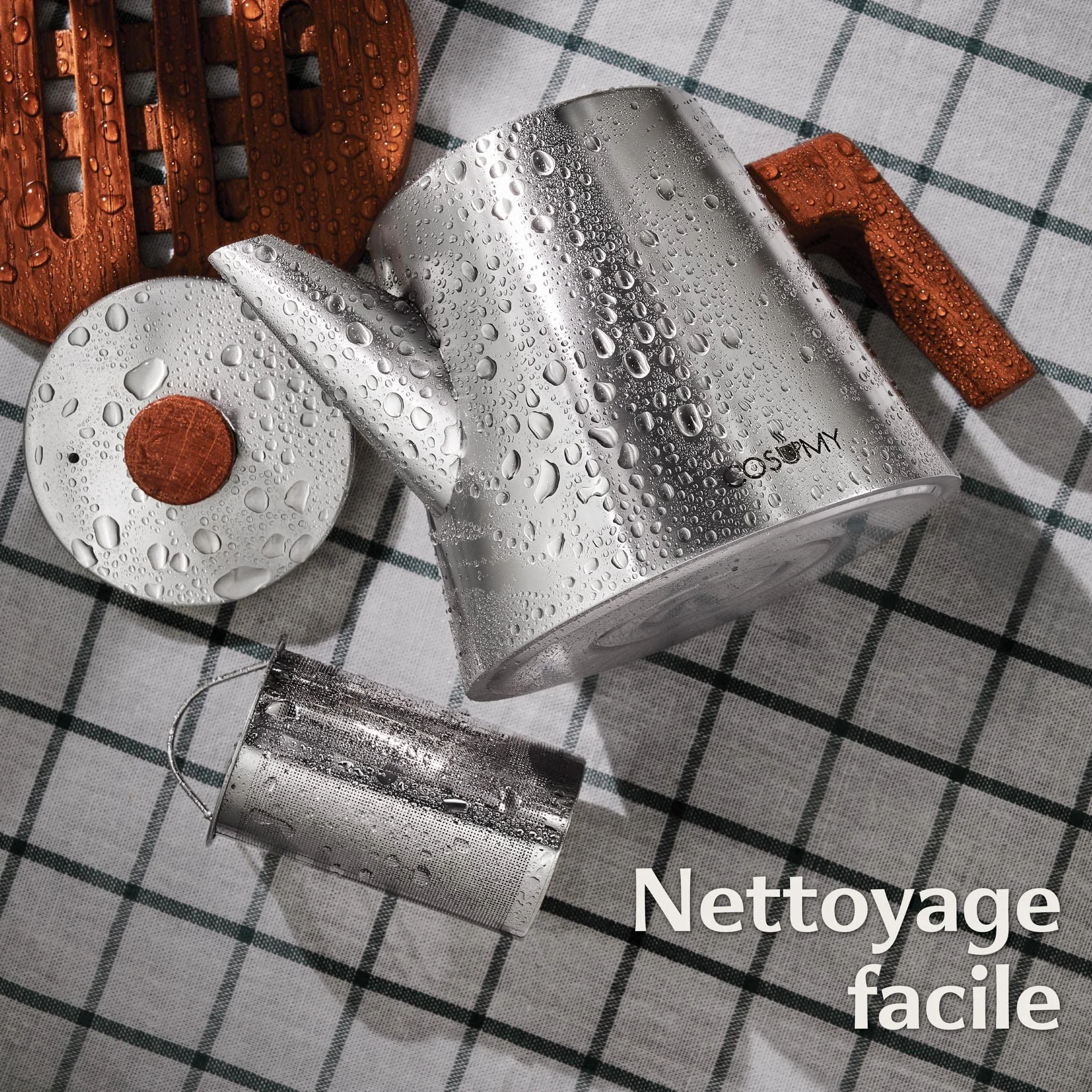 Cosumy Théière avec Filtre et Sous-Verres 1,2 litre - Bouilloire Pour induction et autres plaques de cuisson - Acier Inoxydable et Bois FSC