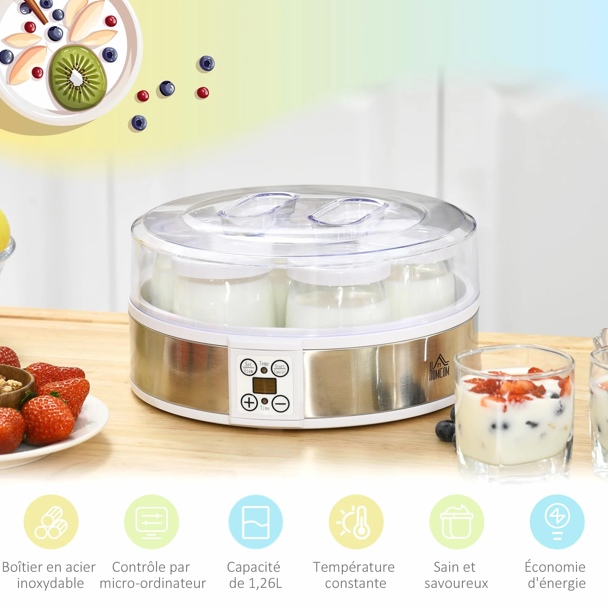HOMCOM Yaourtière 7 Pots en Verre de 180ml, Machine à Yaourt Électrique en Acier Inoxydable avec Minuterie, Thermostat Réglable et Affichage LED pour Desserts Maison Sains, Blanc