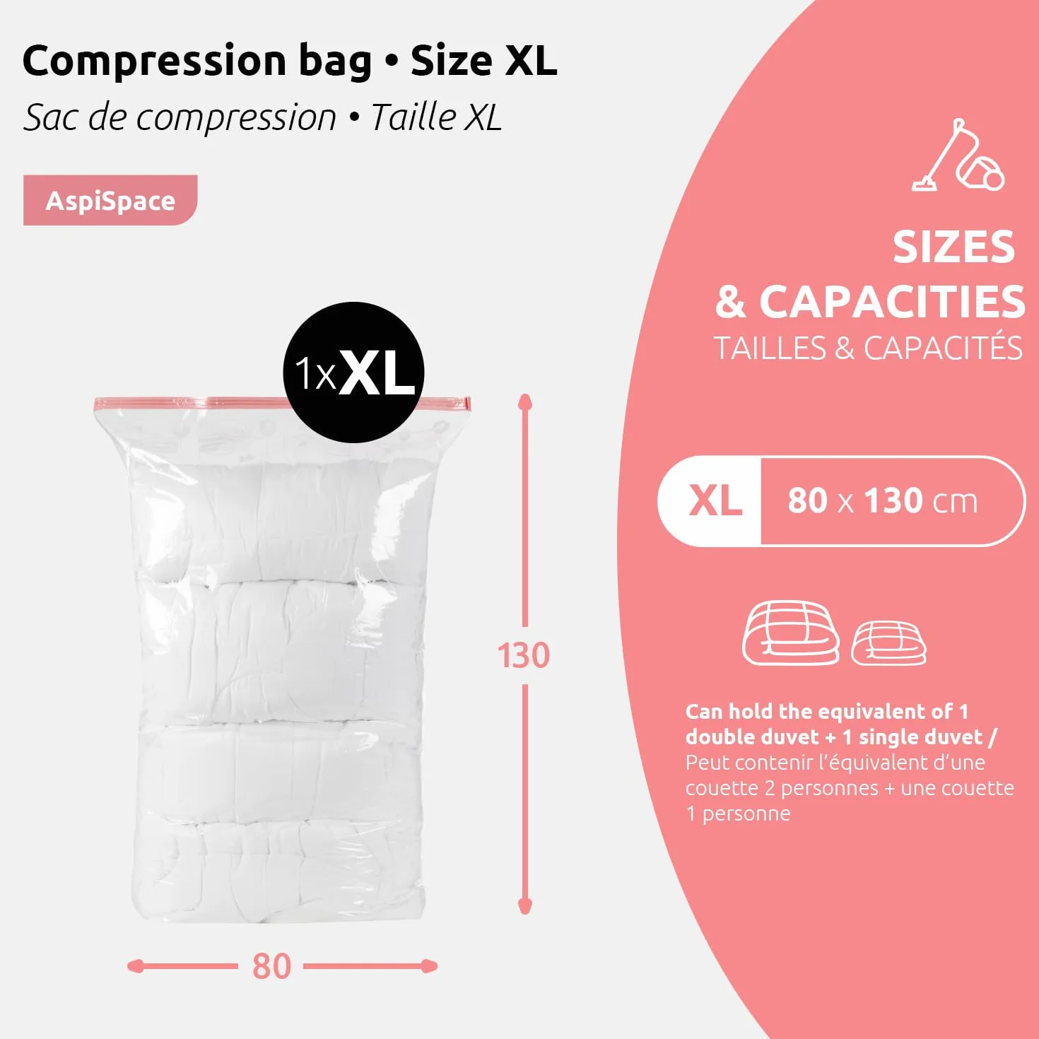 Sac de rangement sous vide XL 130x80 cm pour couettes vêtements avec aspirateur