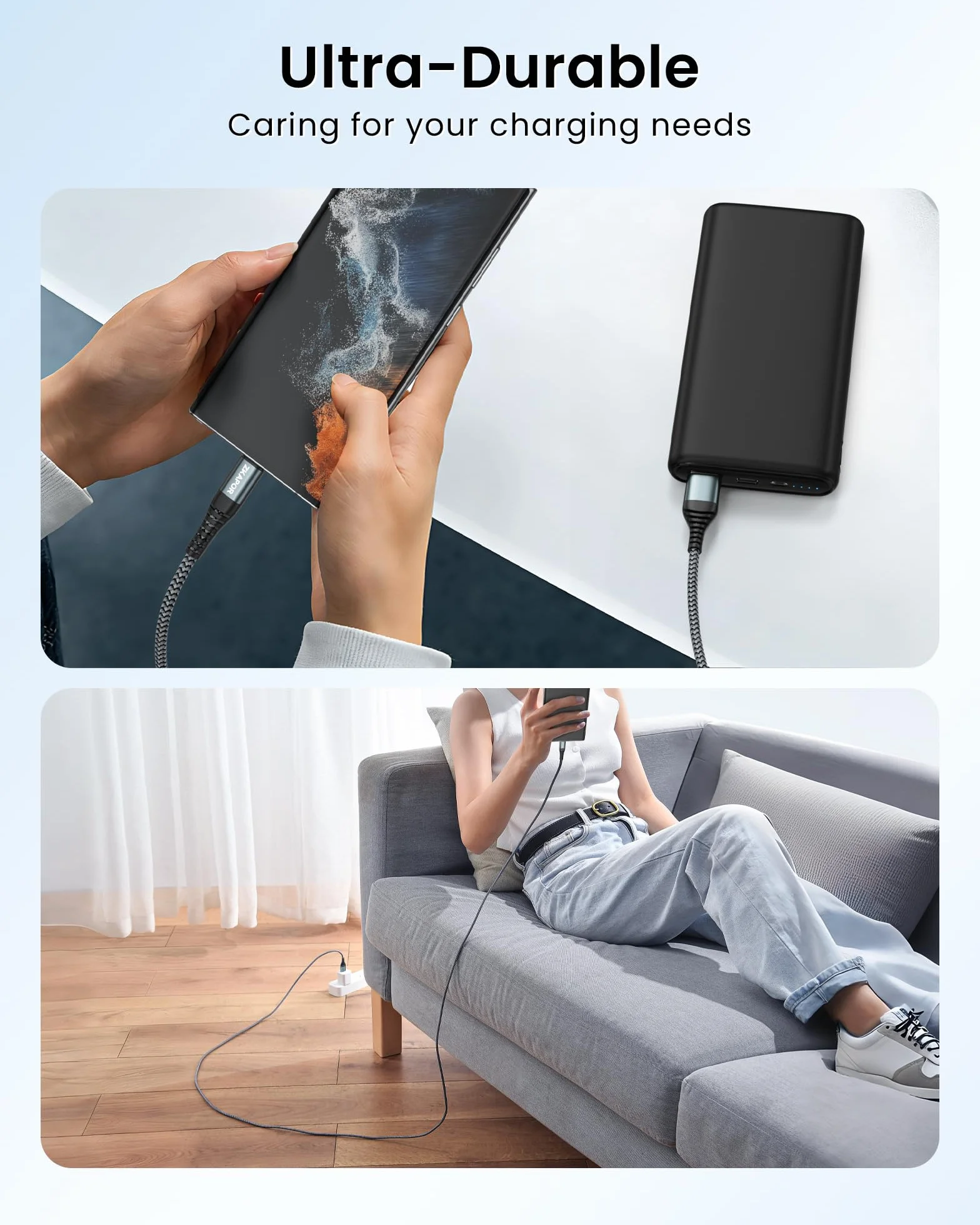 ZKAPOR Extra Long Câble USB C 3M Charge Rapide 3A Nylon pour iPhone 15/15 Pro Max, Samsung Galaxy S23/S22/S21