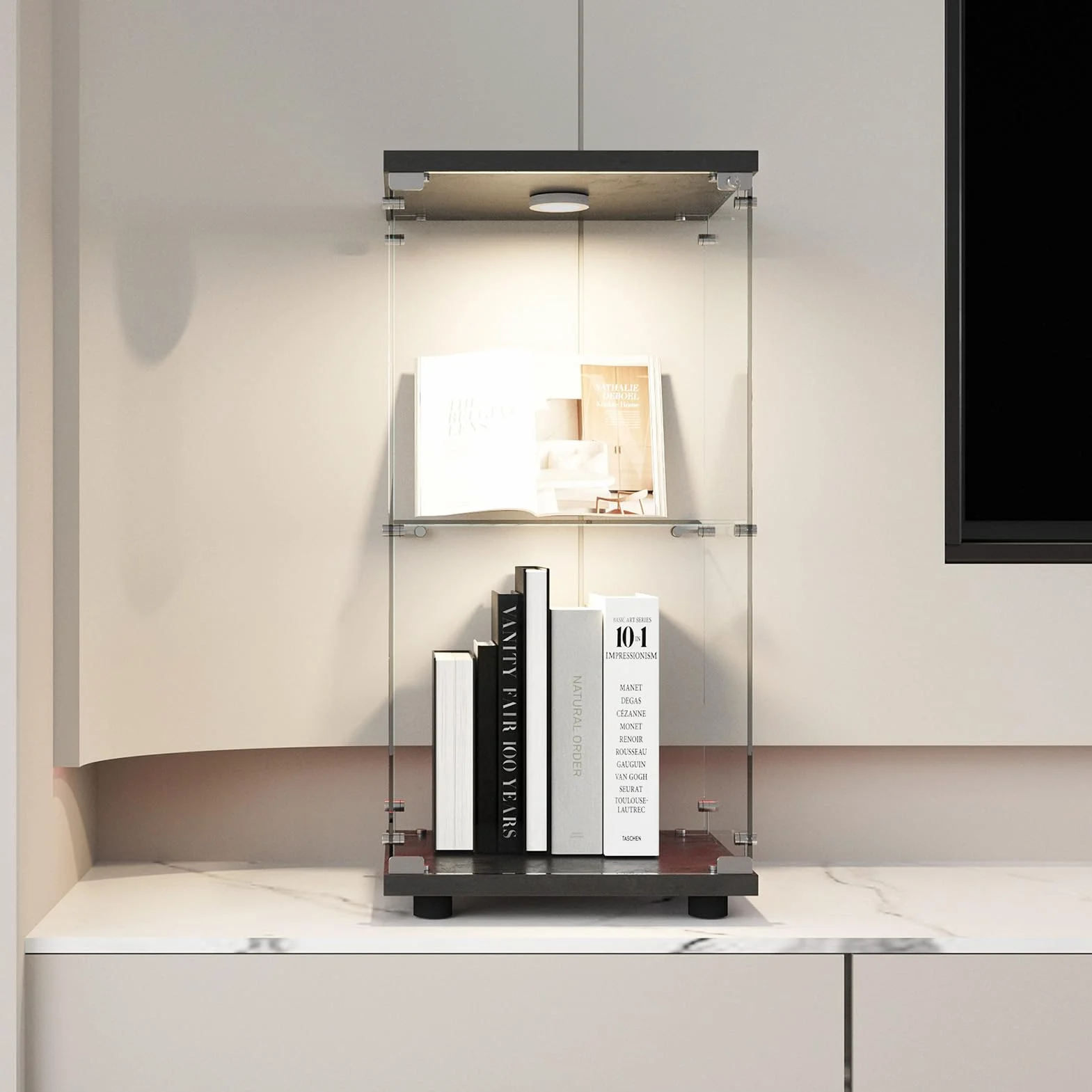 Vitrines, vitrines en Verre, armoires de Rangement Verticales en Verre,Vitrine Verre avec LED,adaptées aux Salons, Chambres, Bureaux (Noir, 2 étages),88x43x37cm