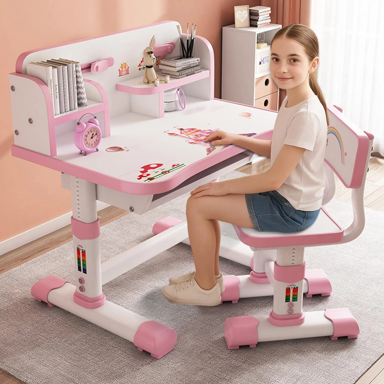 Ensemble bureau et chaise pour enfants, table d'étude pour enfants, bureau pour filles artistiques avec grand tableau à écrire, étagère, chaise ergonomique, cadeau d'anniversaire pour enfants