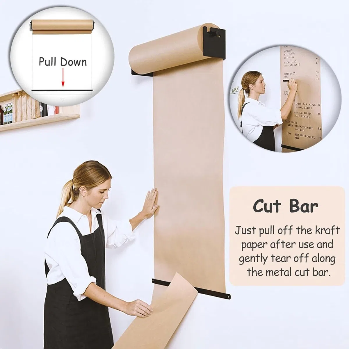 Distributeur et coupe-papier kraft noir à fixation murale, pour listes de tâchestes de tâches/spécialités quotidiennes/menus/autres prises de notes (cadre en acier large - 67 cm/26,3 pouces)