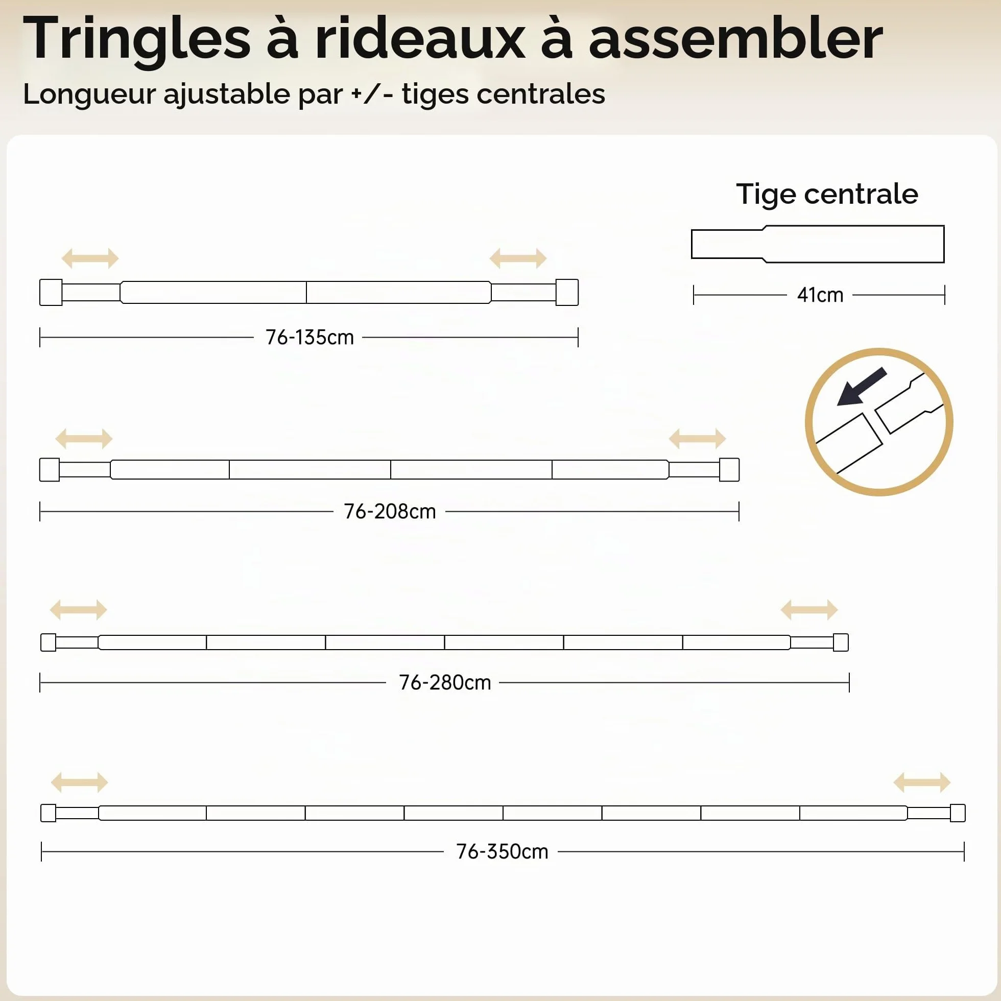 Tringle à rideaux extensibles 76-280 cm diam. 19 mm réglable à œillets décorative chambre