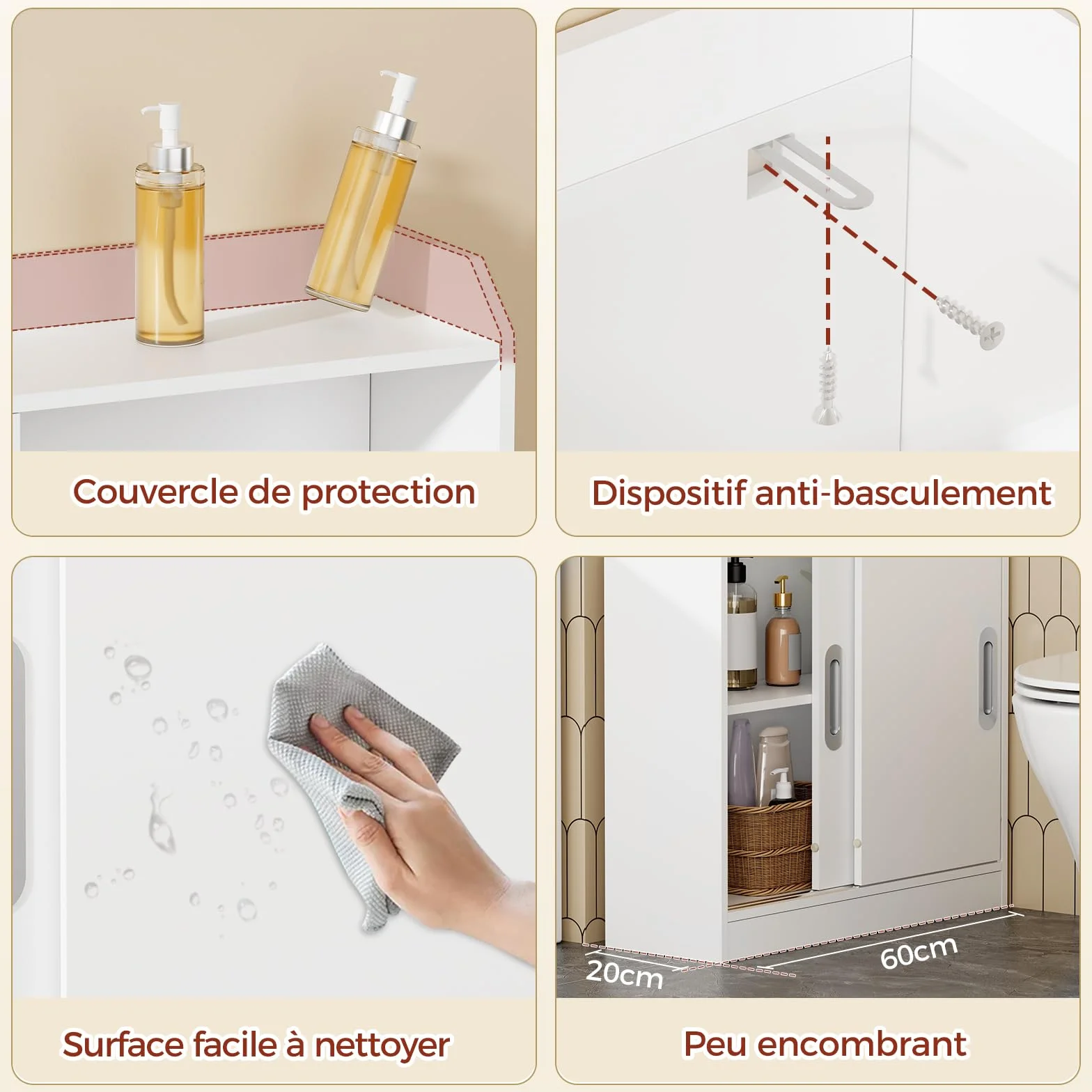 BEWISHOME Meuble de Salle de Bain avec Porte Coulissante et Poignées Intégrées,Meuble Toilette Gain de Place,Étagère Réglable et Support Papier Toilette,20x60x80cm,Blanc EYYG16W