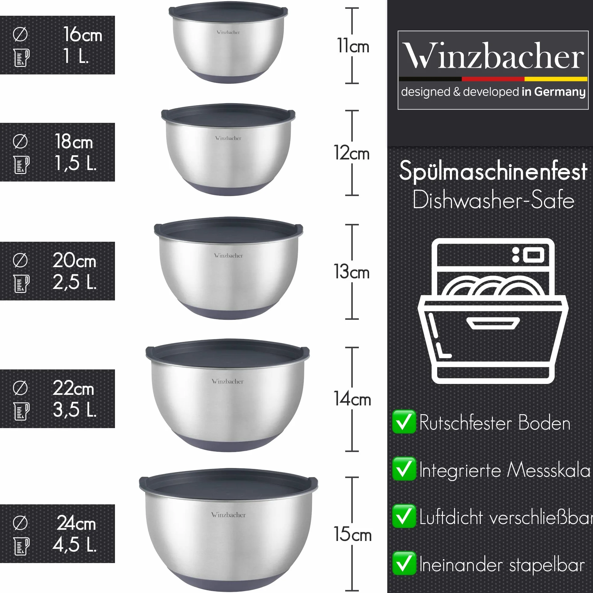 Winzbacher Bol en acier inoxydable avec couvercle [Lot de 5] 1 l + 1,5 l + 2,5 l + 3,5 l + 4,5 l | Bol à mélanger, saladier, set de bols | antidérapant | empilable | râpe incluse