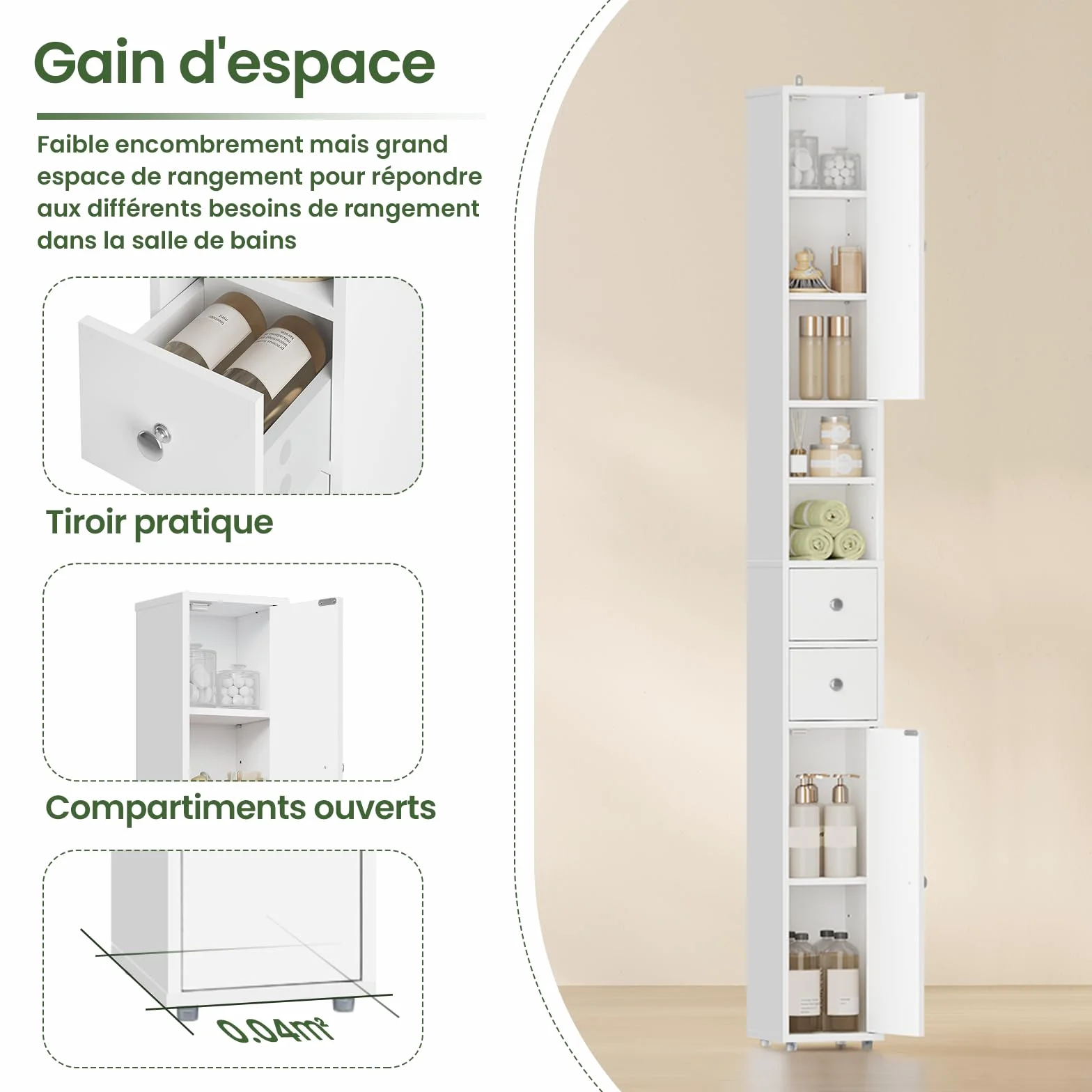 EUGAD Meuble Colonne de Salle de Bains, Armoire Rangement WC avec 2 Tiroirs, 2 Portes, Étagères Réglables et Compartiments Ouverts, Blanc, 20x20x180cm
