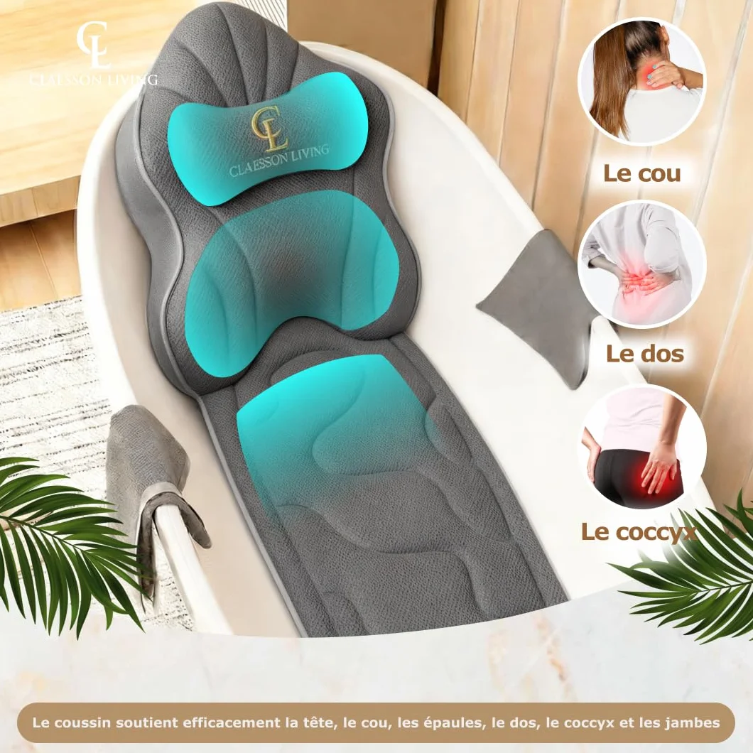 Coussin Baignoire Corps Complet Claessonliving (126x41cm) - Matelas de Bain avec appuie-tête (13cm) & Supports Corps - Coussin Baignoire Adulte - Oreiller Baignoire - Sacs de Lavage Inclus - Gris