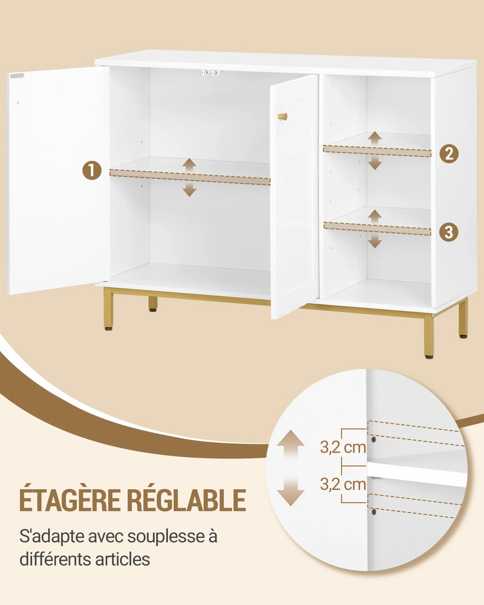 Hzuaneri Meuble Salle de Bain, Meuble de Rangement, Armoire Salle de Bain, Placard Rangement avec 2 Portes, Compartiment Ouvert, Salle de Bains, Le Salon 35 x 100 x 75 cm, Blanc-Or SC10203G