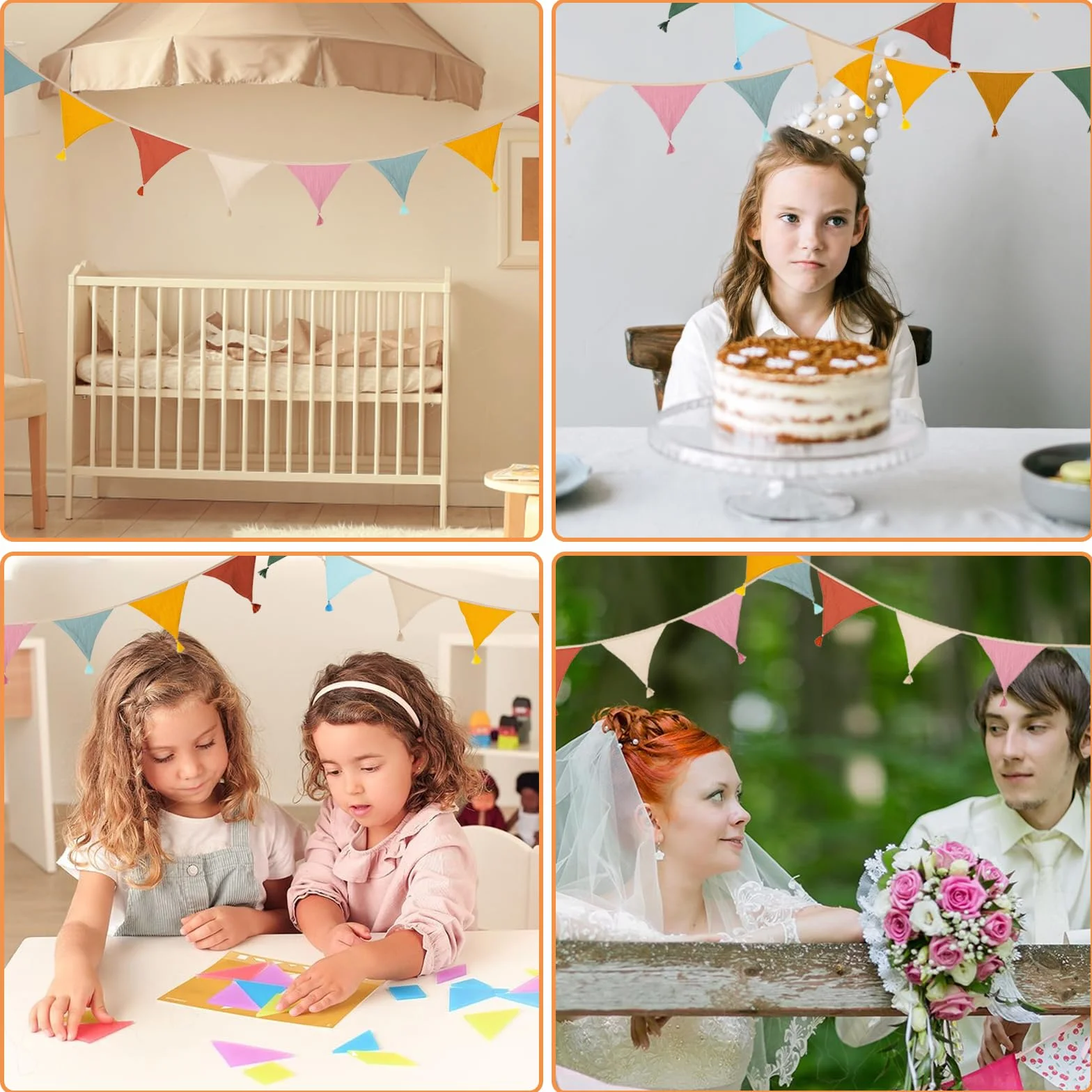 Guirlande de Fanions pour Chambre d'enfant, 2.6m Chaîne de Fanions Coton Mousseline avec Glands, Décoration Lit Fille & Garçon