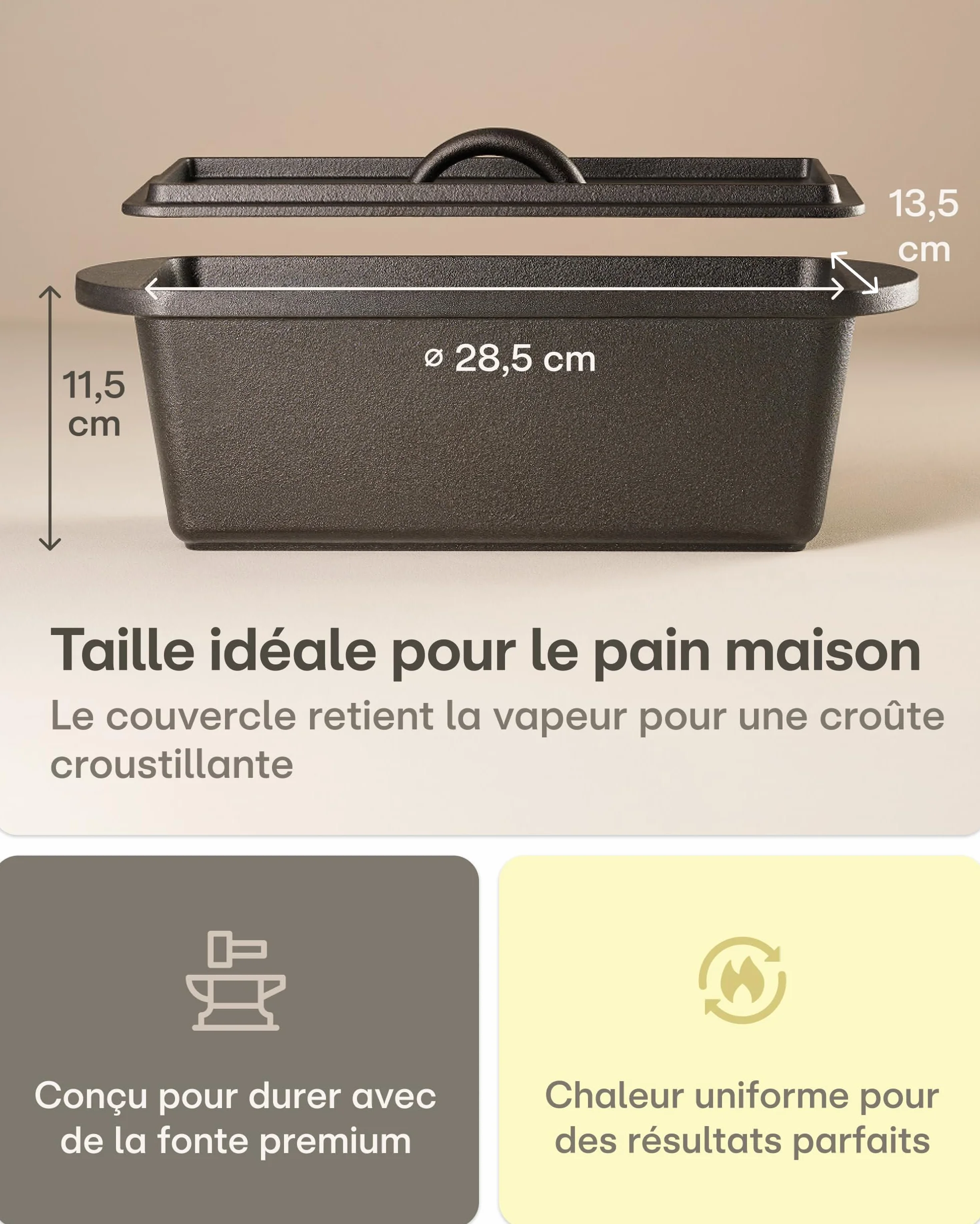 Praknu Set Cocotte En Fonte (28 × 12 cm) – Marmite En Fonte & Cocotte Pain – Avec Banneton, Sac À Pain – Casserole avec Couvercle – 3 L Dutch Oven