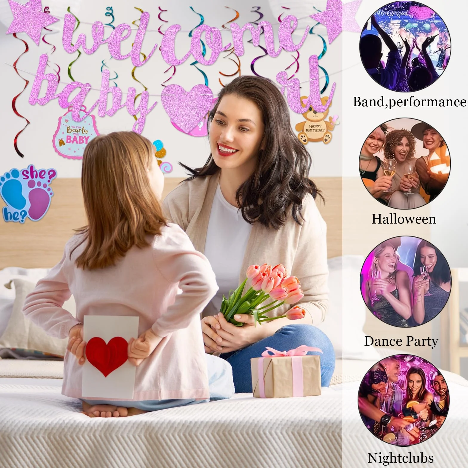 Kit Décoration Baby Shower Fille Bannière Rose Pailletée Spirales Suspendues Accueil Nouveau-né