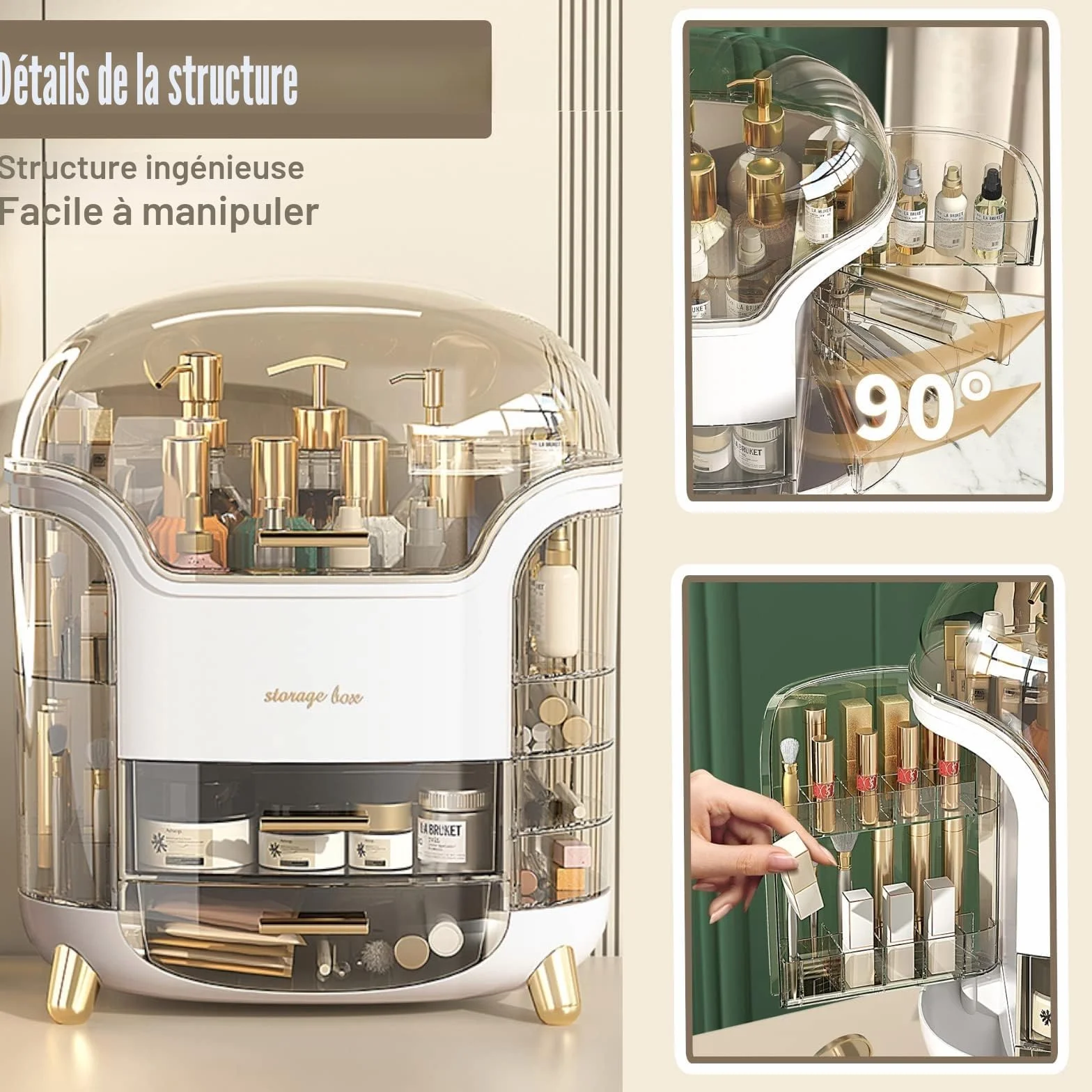 Rangement Maquillage Organisateur Boite de Rangement Skincare Couvercle Maquillage Transparente Makeup Organizer avec Tiroir Grande Capacité Anti Poussiere