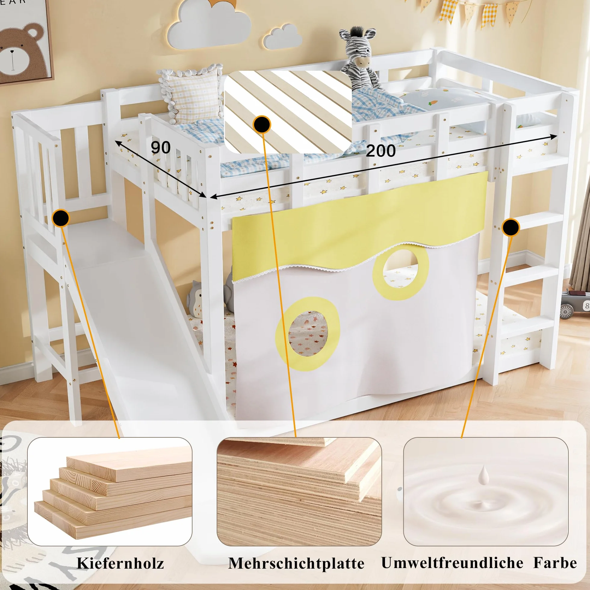 Lit superposé pour Enfants avec Toboggan, lit en Bois avec escalier et clôtures, lit pour Enfant avec Rideau de lit, Protection Anti-Chute, Bois Massif (sans Matelas) (Blanc-02W, 90x200cm)