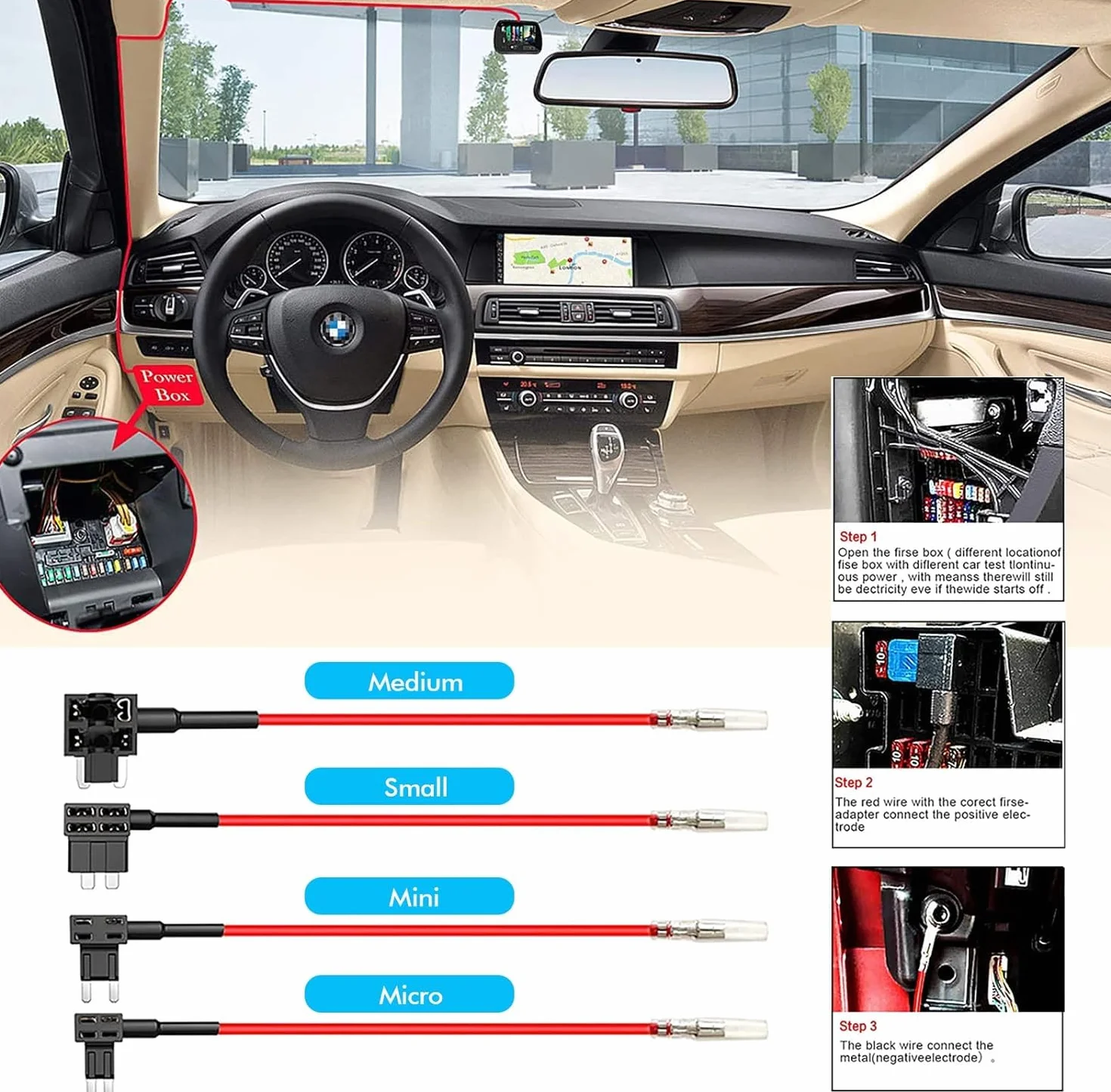 GUUZI 12V-24V do 5V/2,5A zestaw okablowania USB C do kamery samochodowej Ładowarka do kamery samochodowej Przewód zasilający do kamery samochodowej USB typu C, długość 320 cm