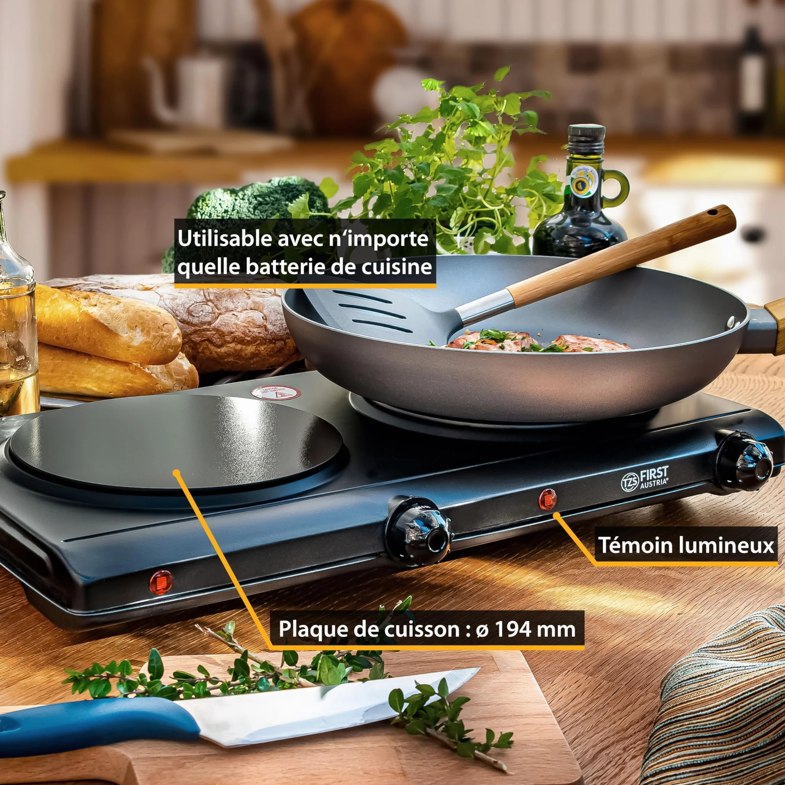 TZS First Austria - Plaque de cuisson double infrarouge vitrocéramique TOUS types de casseroles 2500W - Mini réchaud électrique pour déménagement, camping & maison - Réglage continu & témoin contrôle