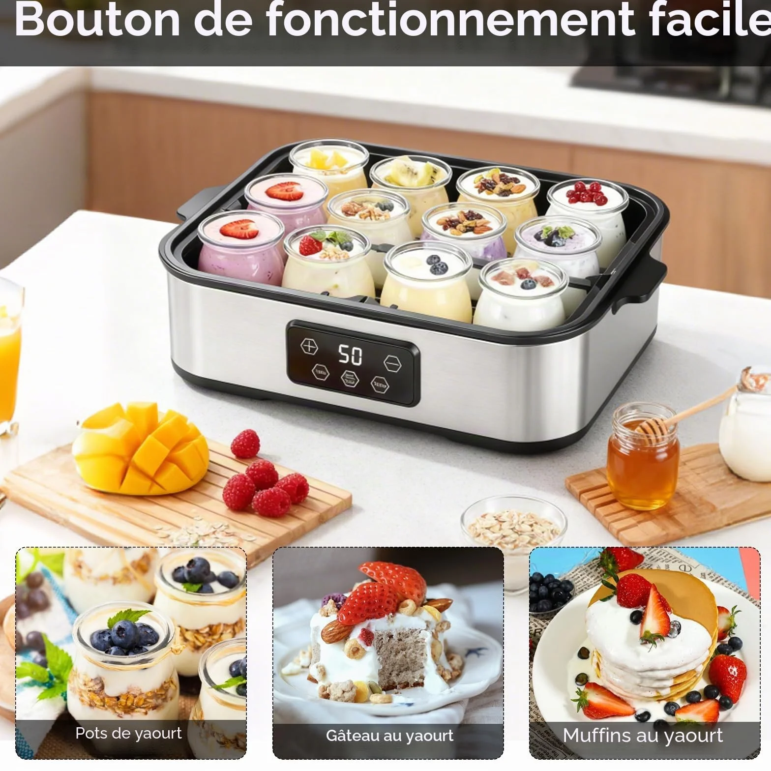 Yaourtière Électrique 2200 ml, avec 12 × 180 ml Pots en Verre, Machine à Yaourt Digitale Inox, Yaourtière Automatique pour Yaourt Maison, Fromage ou Natto