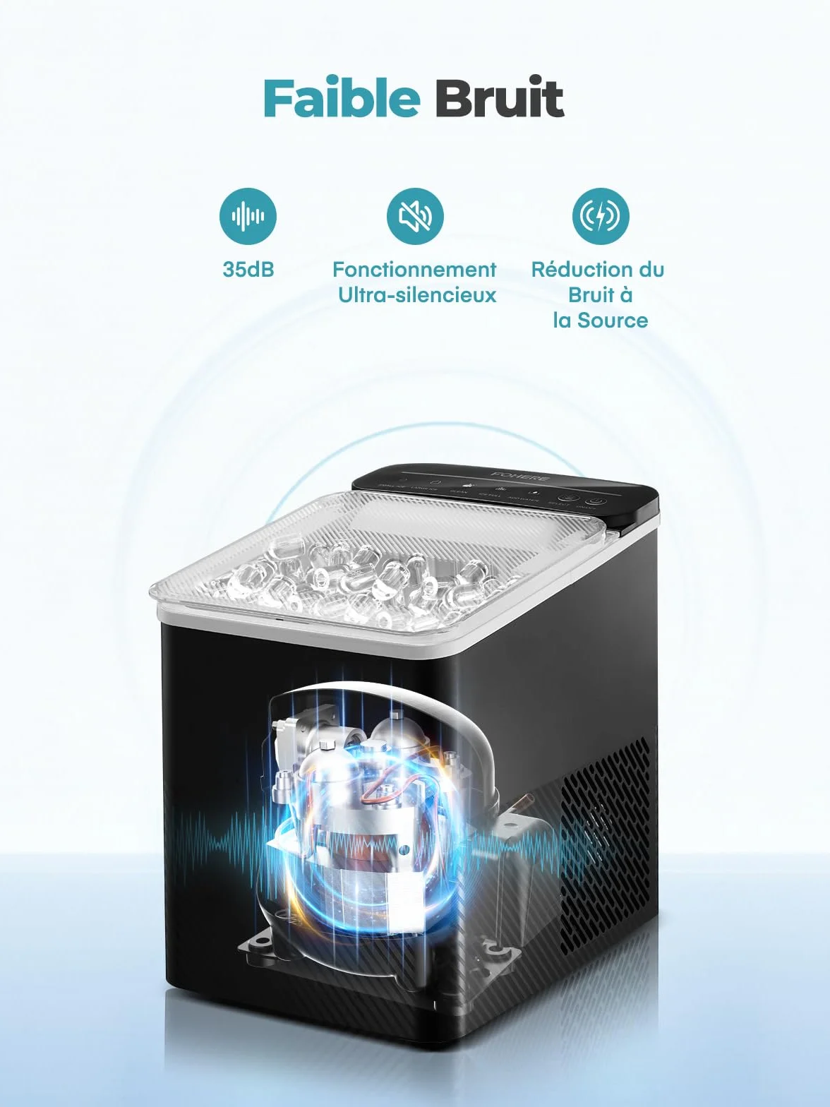 FOHERE Machine à Glaçons Portable 14kg/24h Autonettoyante Silencieuse Noir