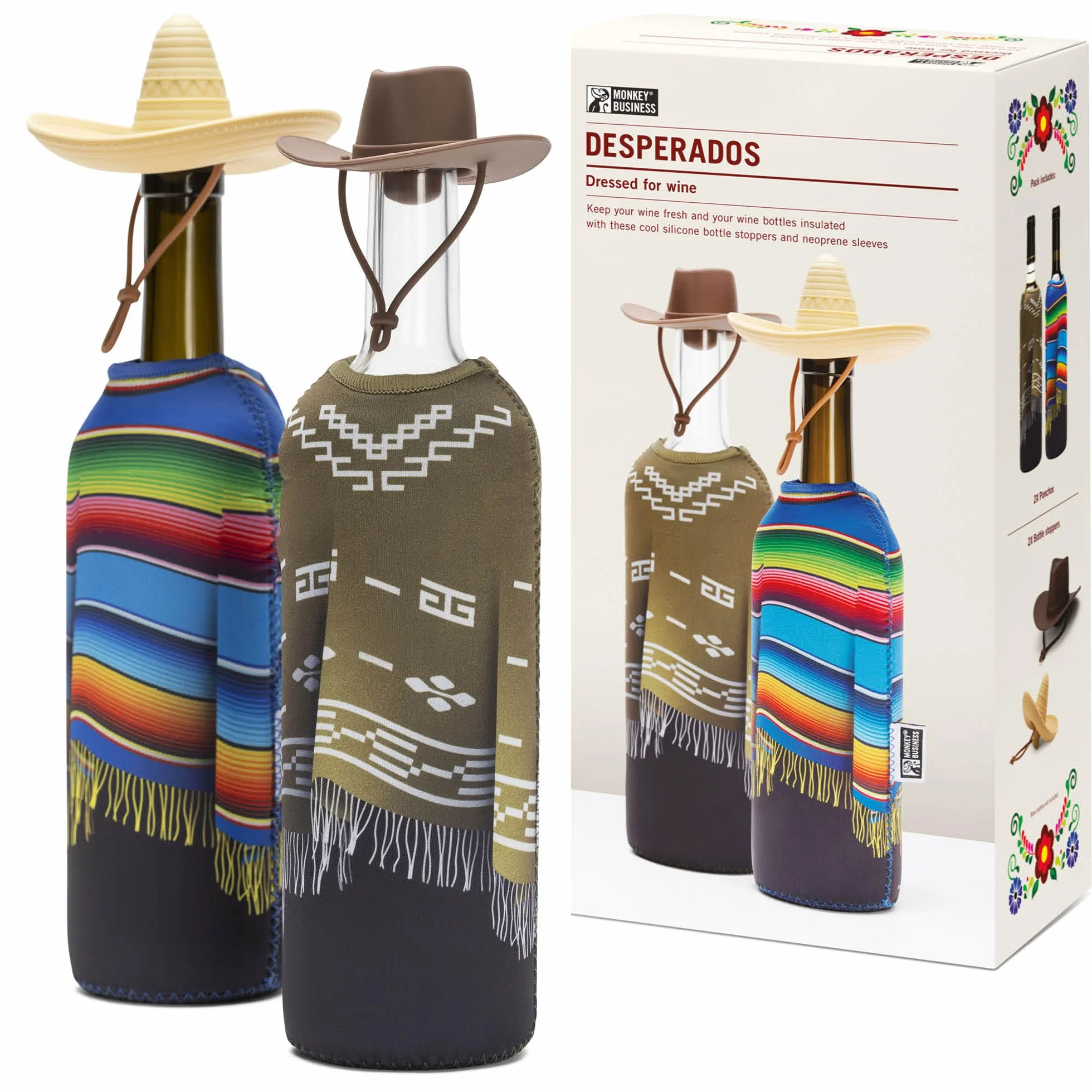 Monkey Business Coffret cadeau pour les amateurs de vin / 2 bouchons de bouteille en silicone et 2 ponchos en néoprène/isolez les bouteilles de vin et ouvrez les bouteilles pour plus tard/Wild