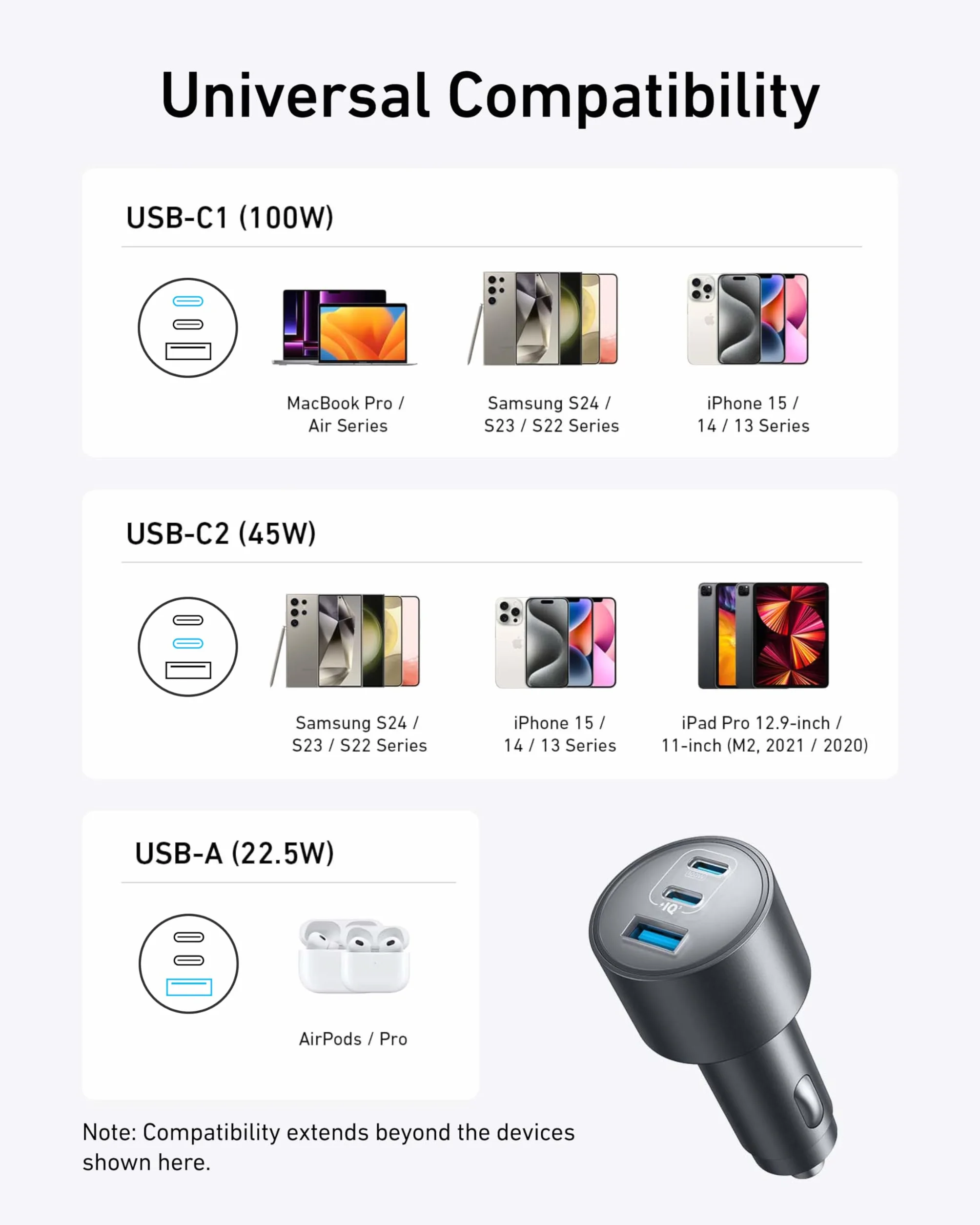 Ładowarka samochodowa Anker USB-C, 167,5W Max 3-portowa ultrakompaktowa szybka ładowarka samochodowa typu C, do MacBook Pro/Air, iPhone 15/14 / 13, Samsung S24 / S23, iPad Pro, AirPods