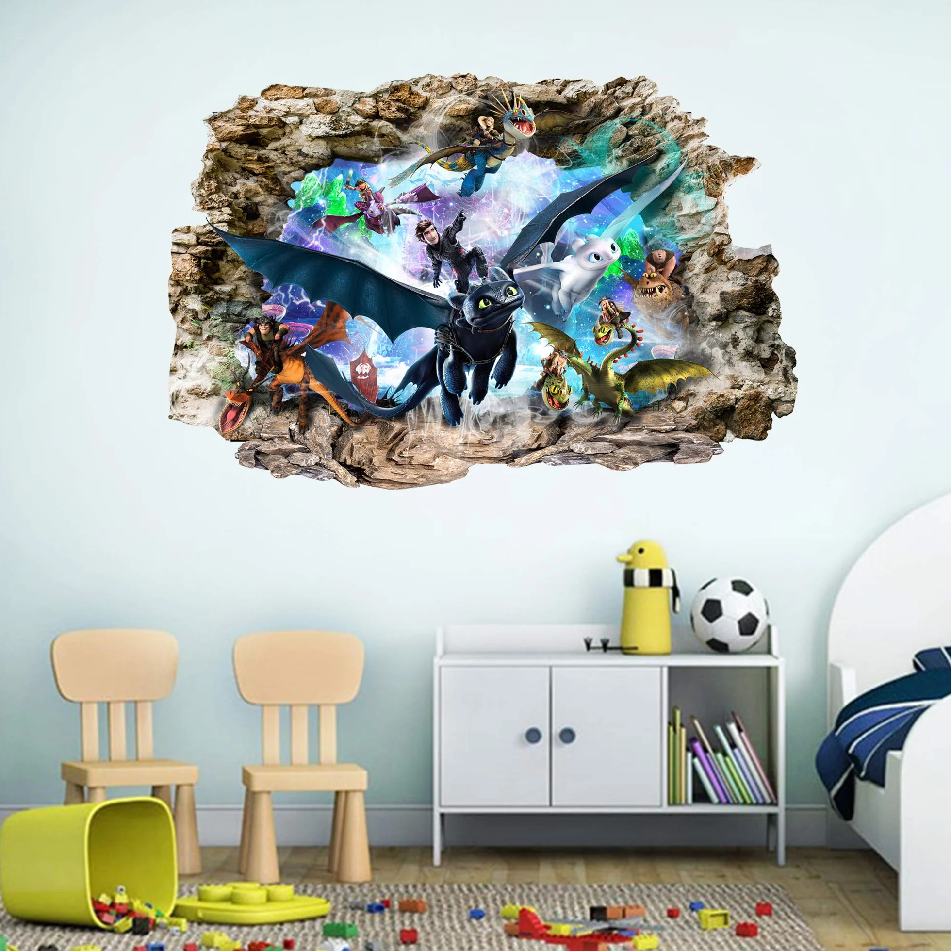Stickers Muraux 3D Comment Entraîner Son Dragon 80 cm x 53 cm