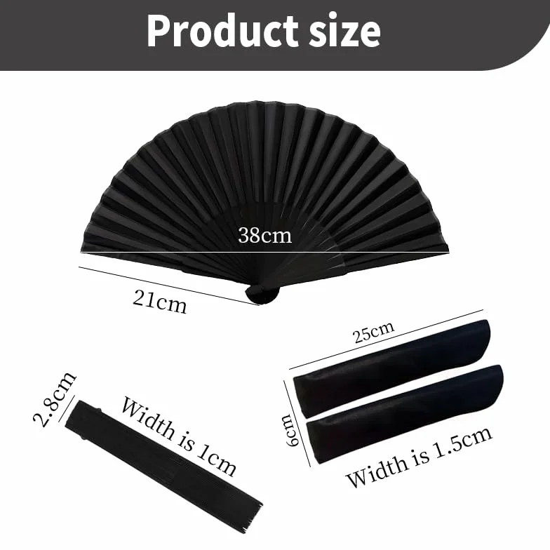 Éventails Pliants Noir 2 Pièces avec Sacs de Rangement - Éventail Japonais Chinois Pliant