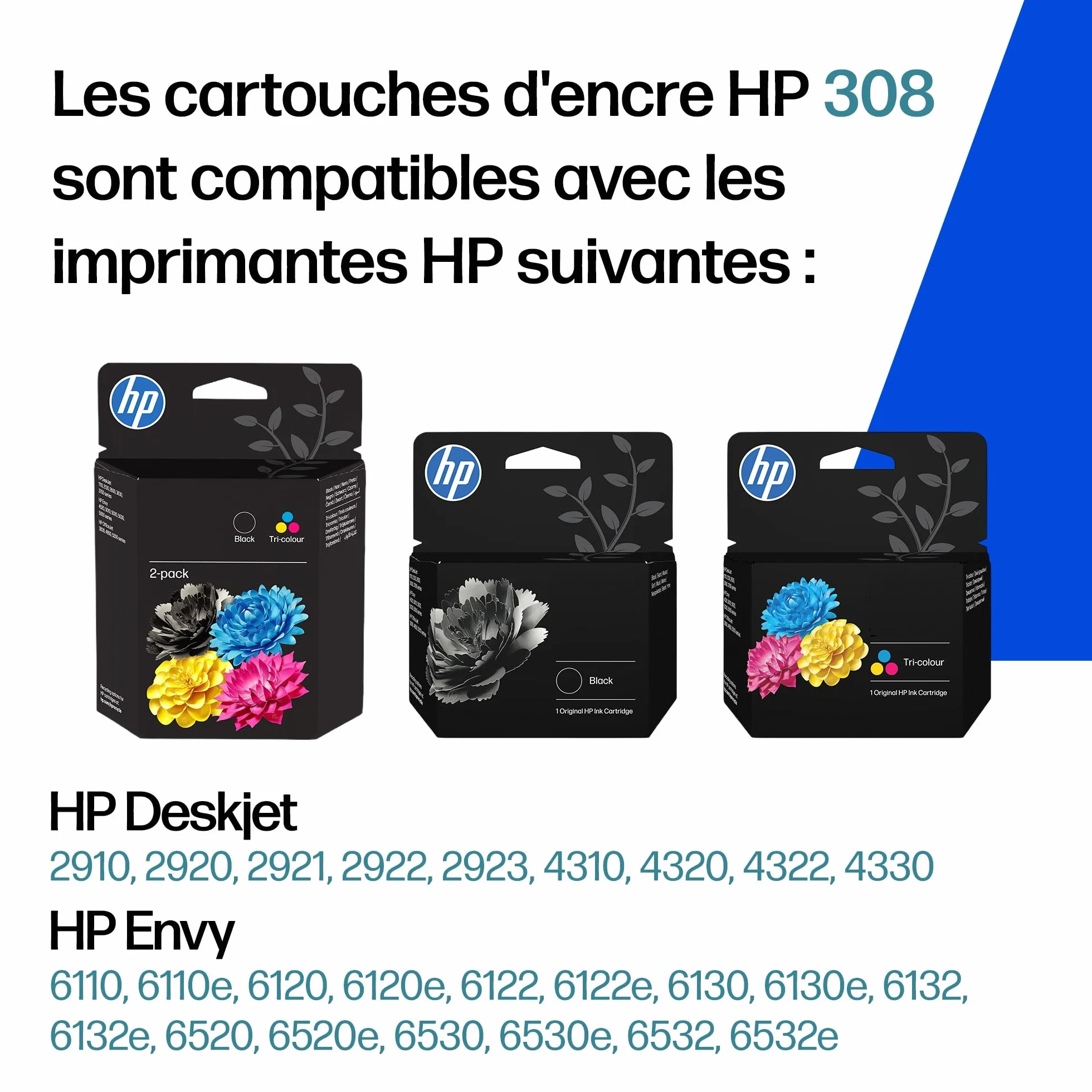 HP 308 Cartouche d’Encre Original Noir 7FP21UE Compatible Envy 6110 6120 6130 6520 6530