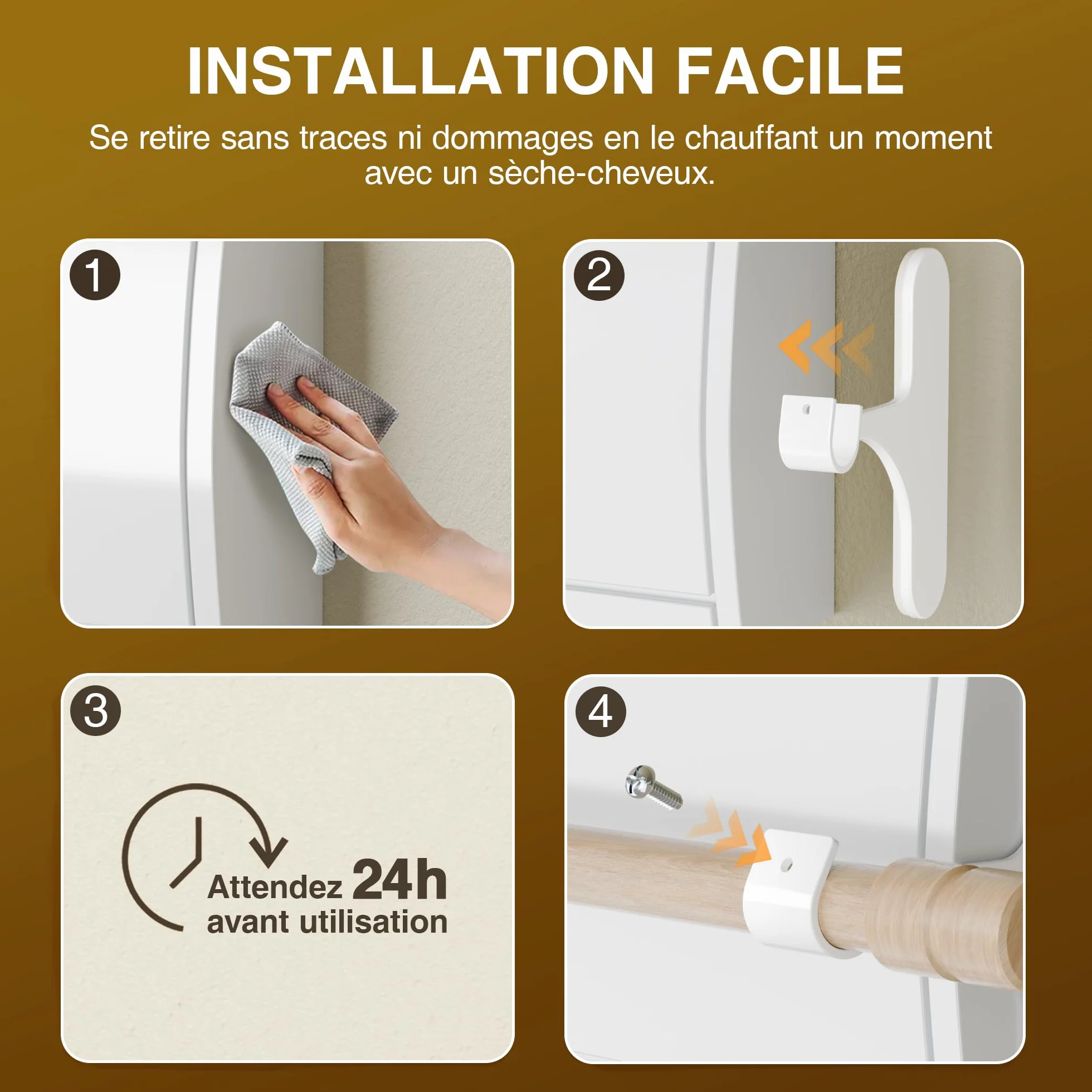 Tringle Rideaux Sans Perçage pour Coffre Volet Roulant - Fixation Auto-adhésive, Lot de 2, Barres 19-28 mm, Métal Résistant, Blanc