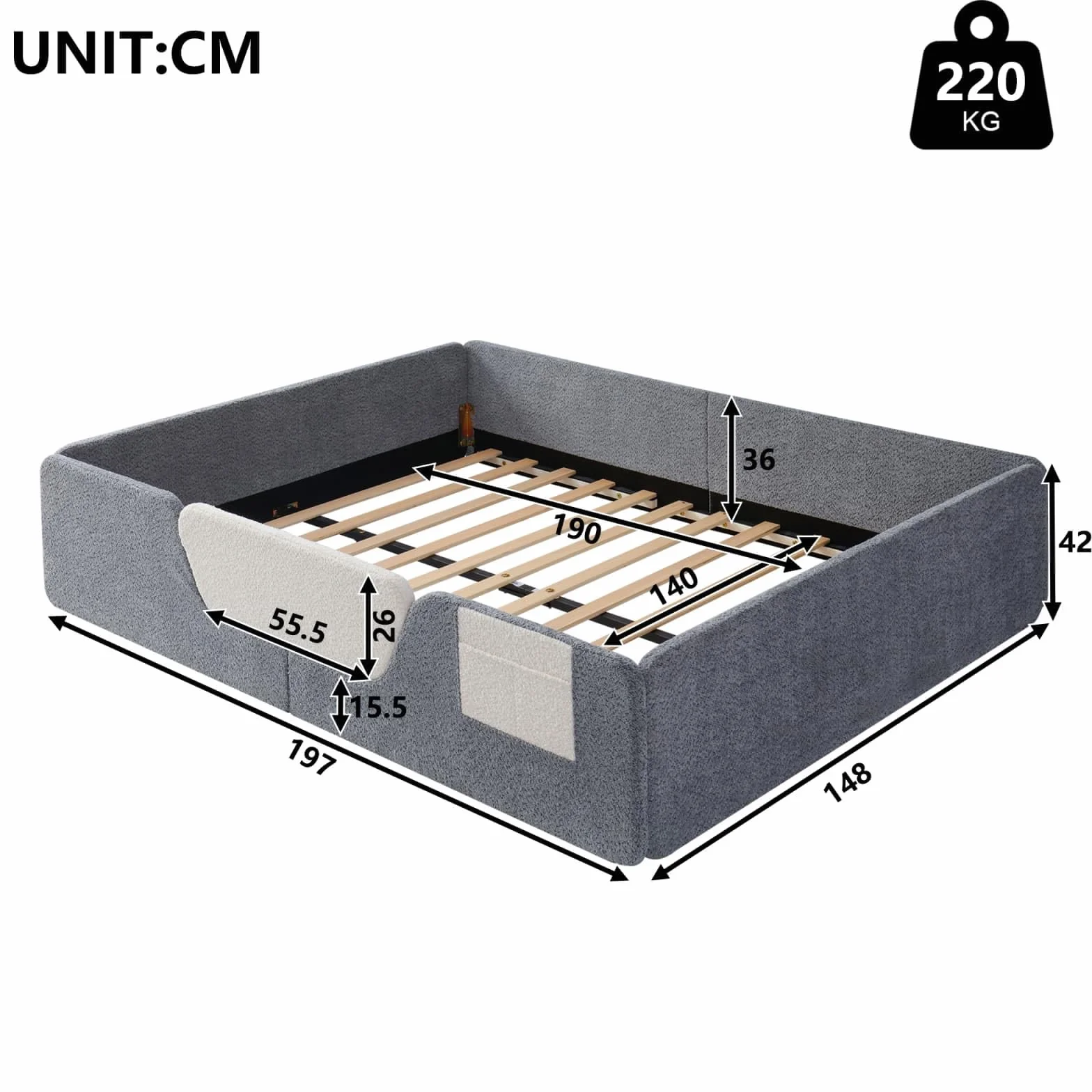 KOMHTOM Lit Enfant au Sol, Lit Montessori, Lit Capitonné en Velours, Barrière de Sécurité Amovible, Sommier à Lattes, Poche de Rangement Tissu, Design Sûr, sans Matelas (Gris)