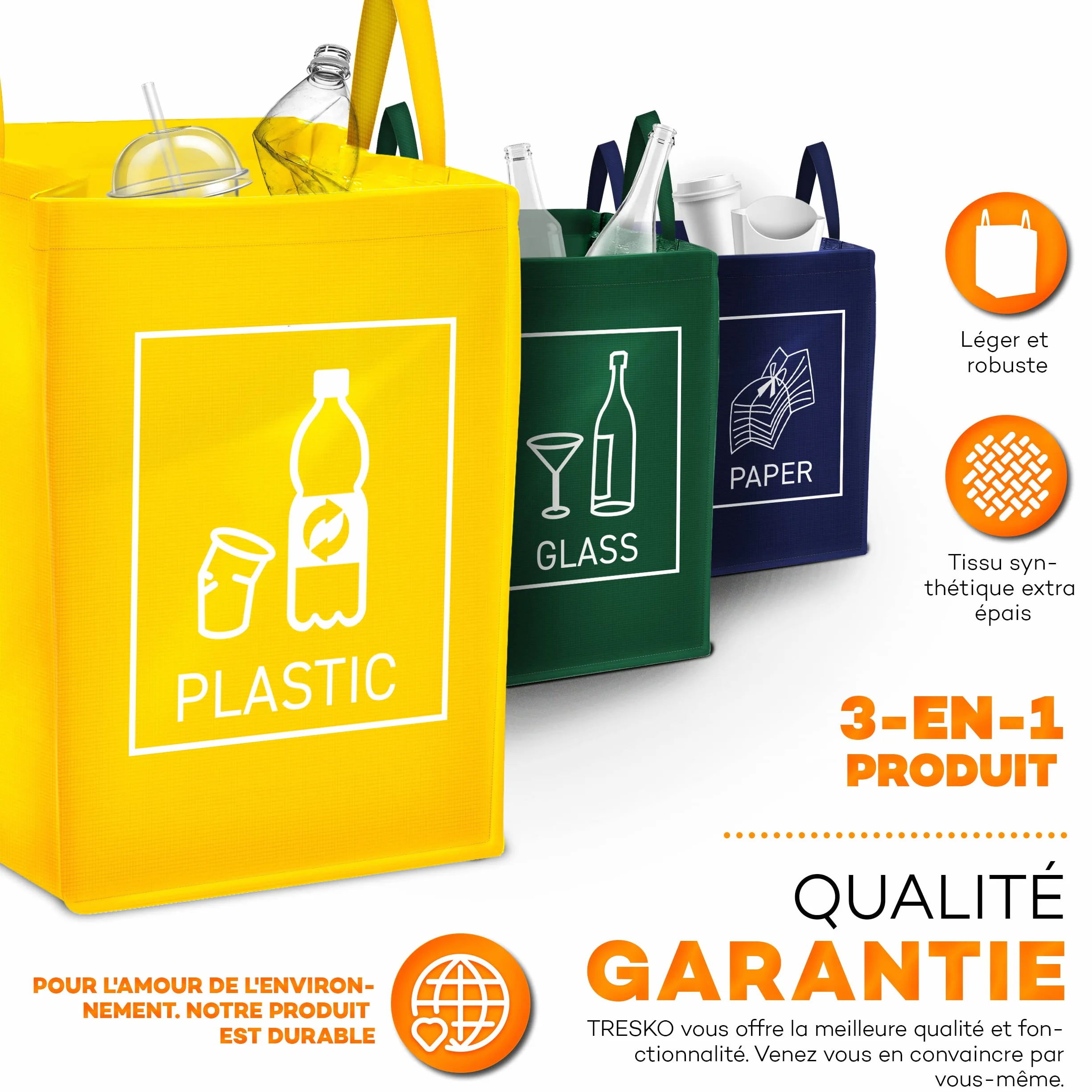 TRESKO Lot de 3 Poubelle Trieur à déchets, Vert/jaune/bleu