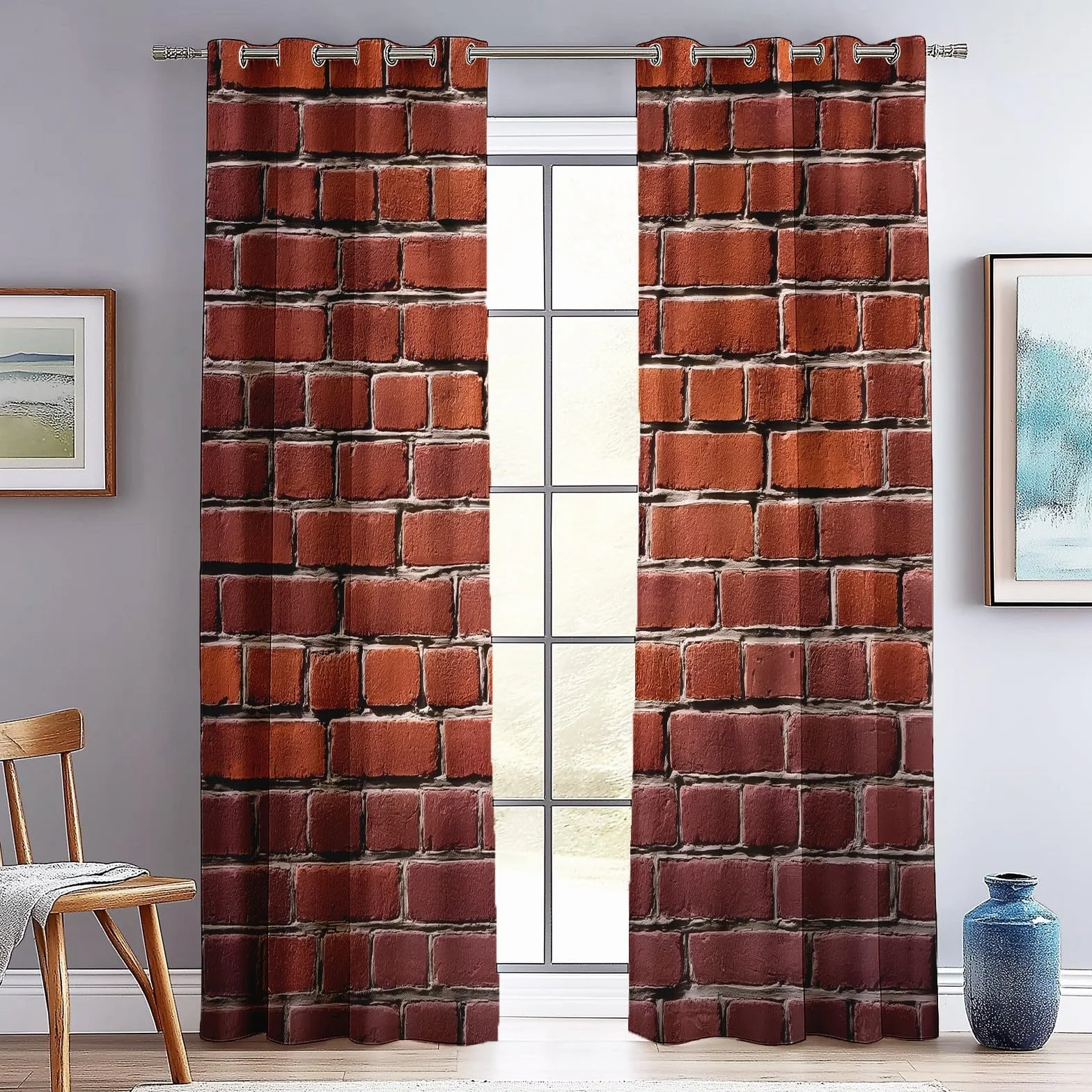 Rideaux Isolants 110L x 215H cm 2 Panneaux Design Mur de Briques Anti-Chaleur Rouge