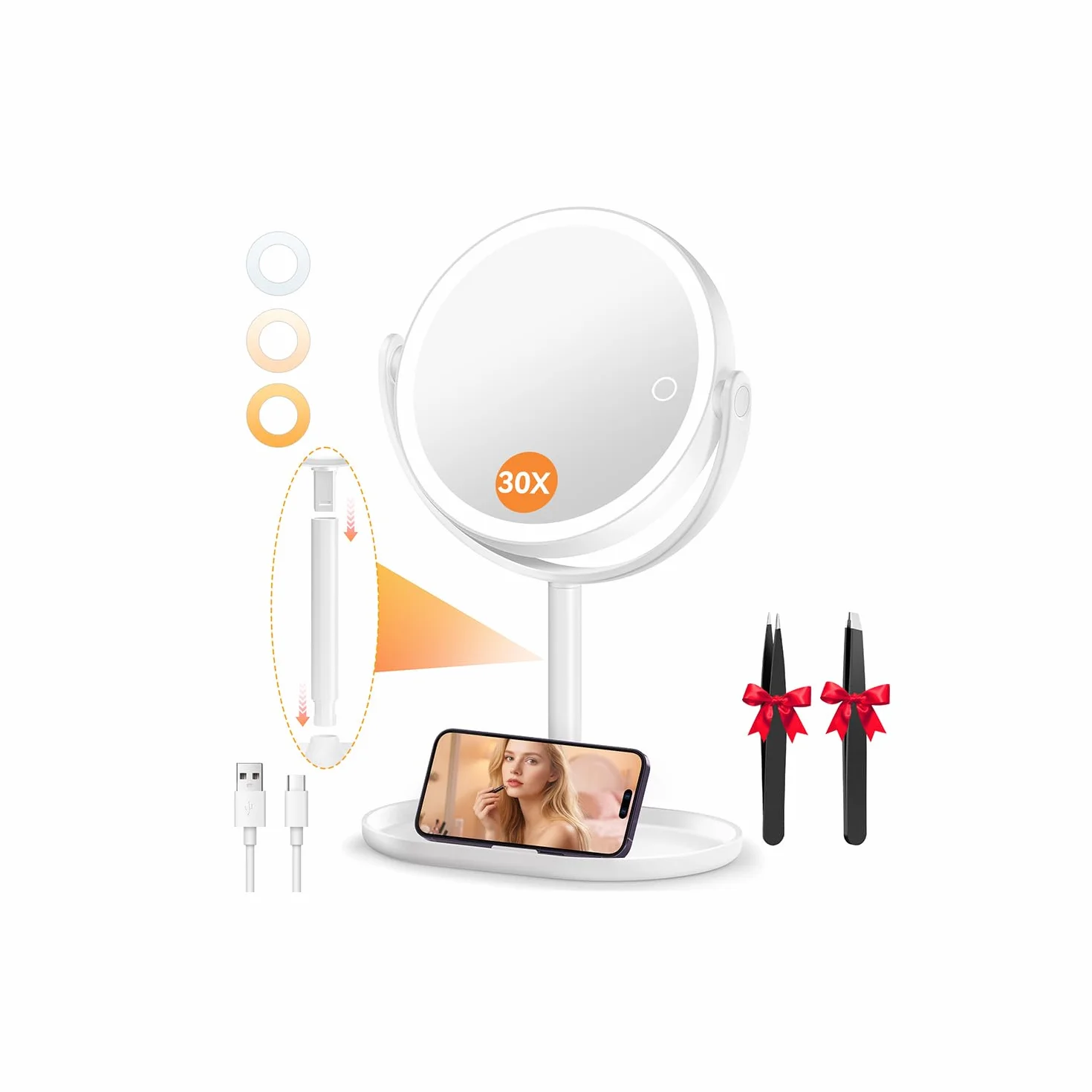 Auxmir Miroir de Maquillage Éclairé 30X/1X, LED Intensité Variable, Rotation 360°, Miroir Grossissant Lumineux