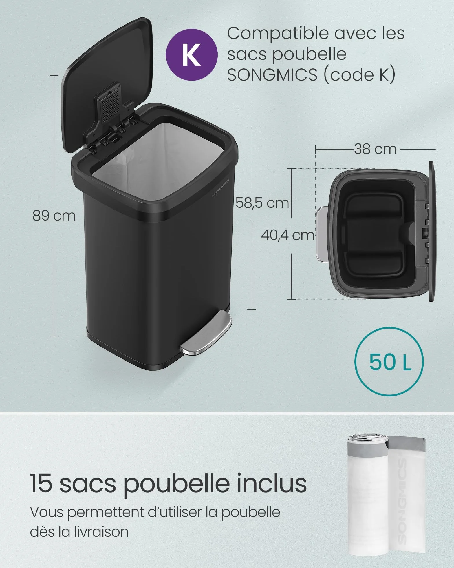 SONGMICS Poubelle de Cuisine 50L Métal à Pédale avec Couvercle Noir LTB530B5002