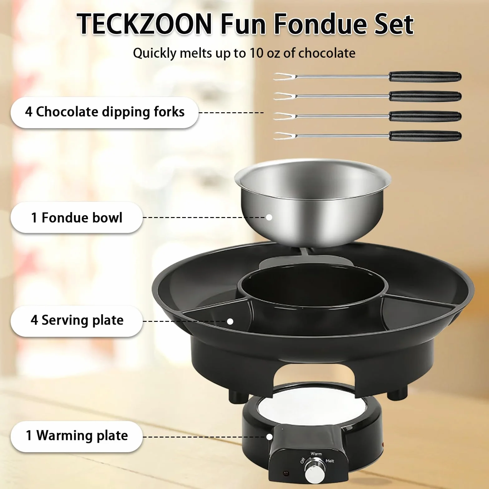 Set à Fondue au Chocolat Électrique, Pot à Chocolat 280 ml avec 2 Niveaux de Température, Casserole en Aluminium Amovible, Plateau de Service et 4 Fourchettes, Idéal pour Soirées Romantiques