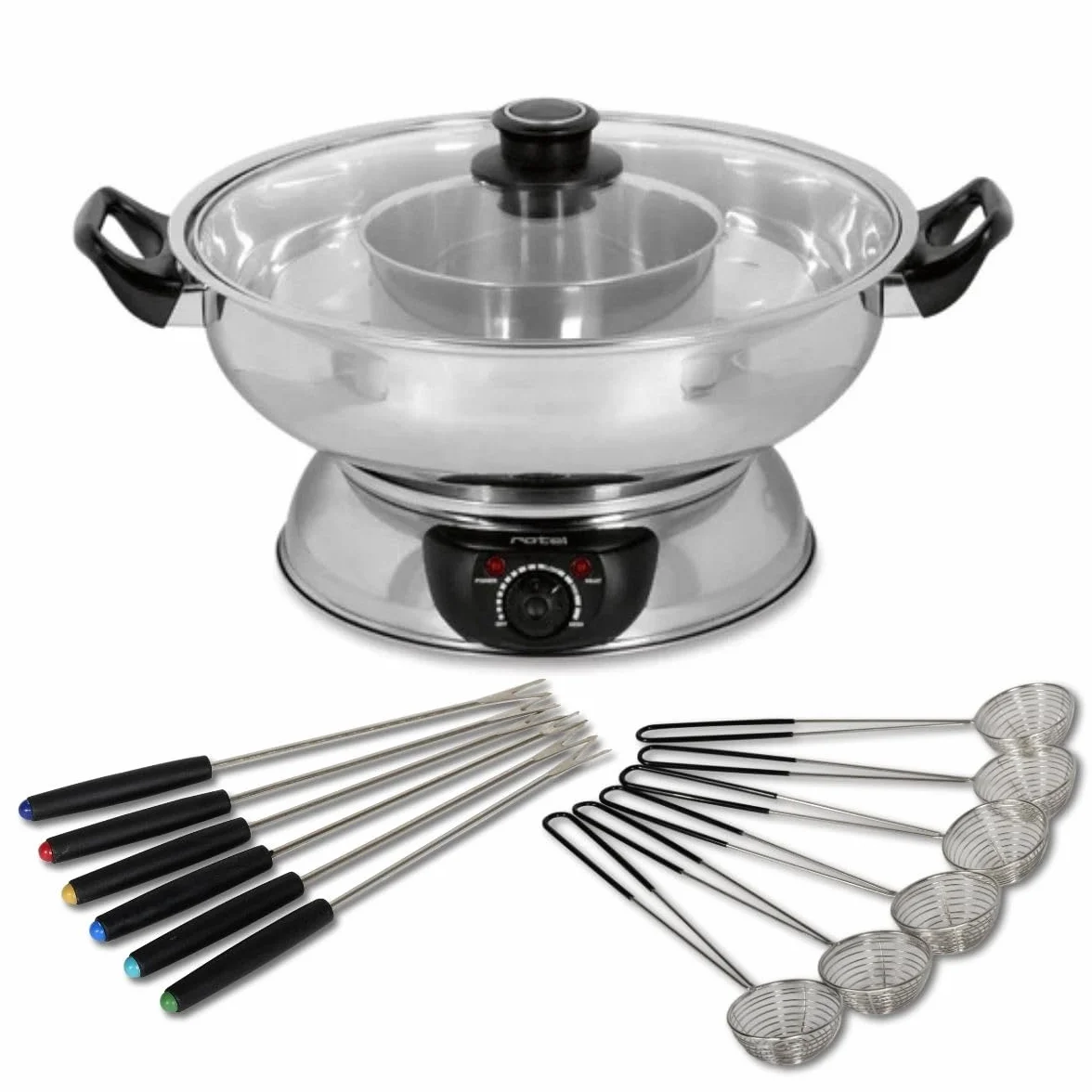 Rotel 1181250 Appareil à fondue chinoise avec fourchettes et épuisettes, appareil à fondue océane, marmite pour fondue chinoise, Acier inoxydable, Verre, Plastique, 39 x 37 x 22,5 cm
