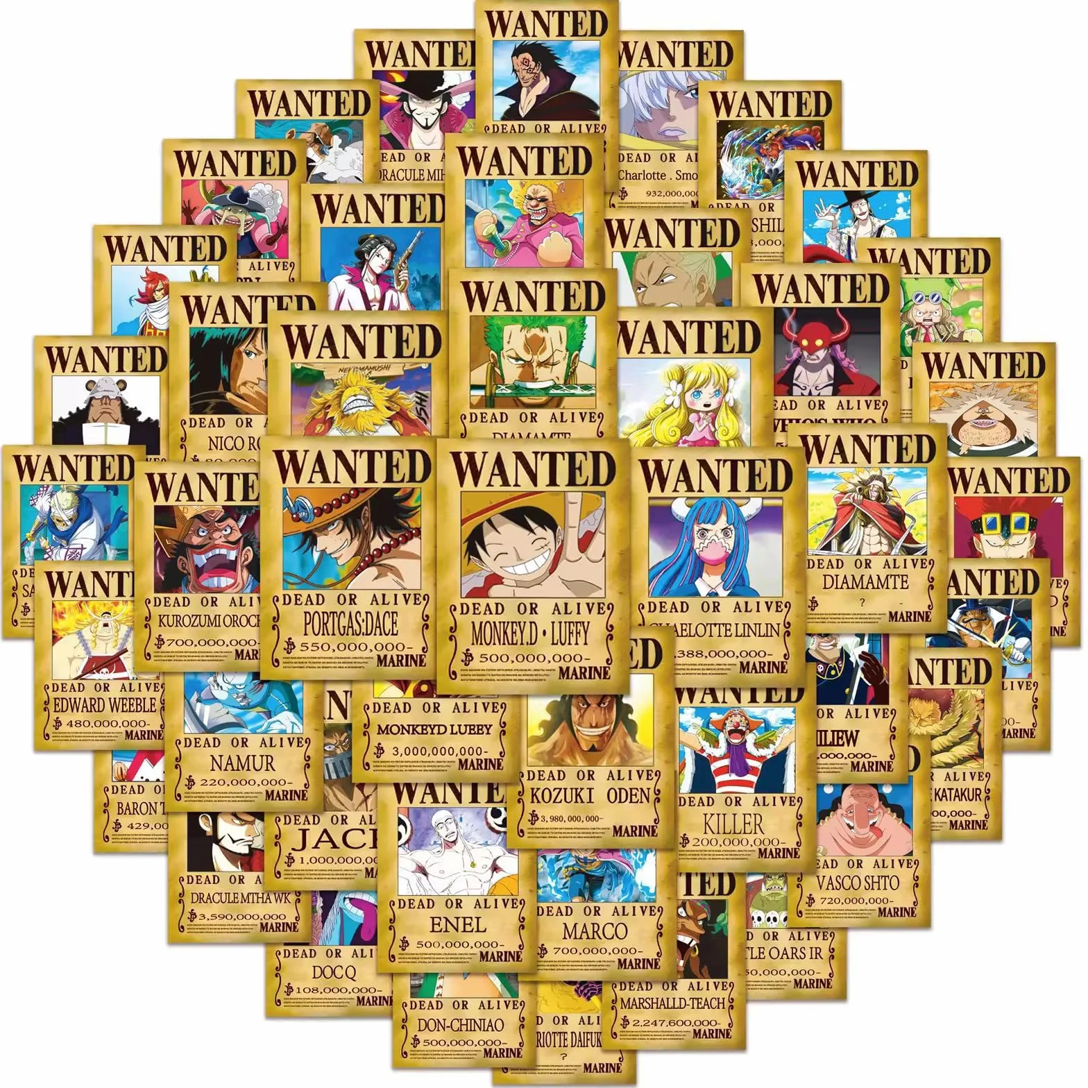 Lot de 50 Affiches Wanted One Piece - Poster Manga Anime Papier Kraft Luffy Zoro Sanji Ace Nami - Décoration Murale Cadeau Fan