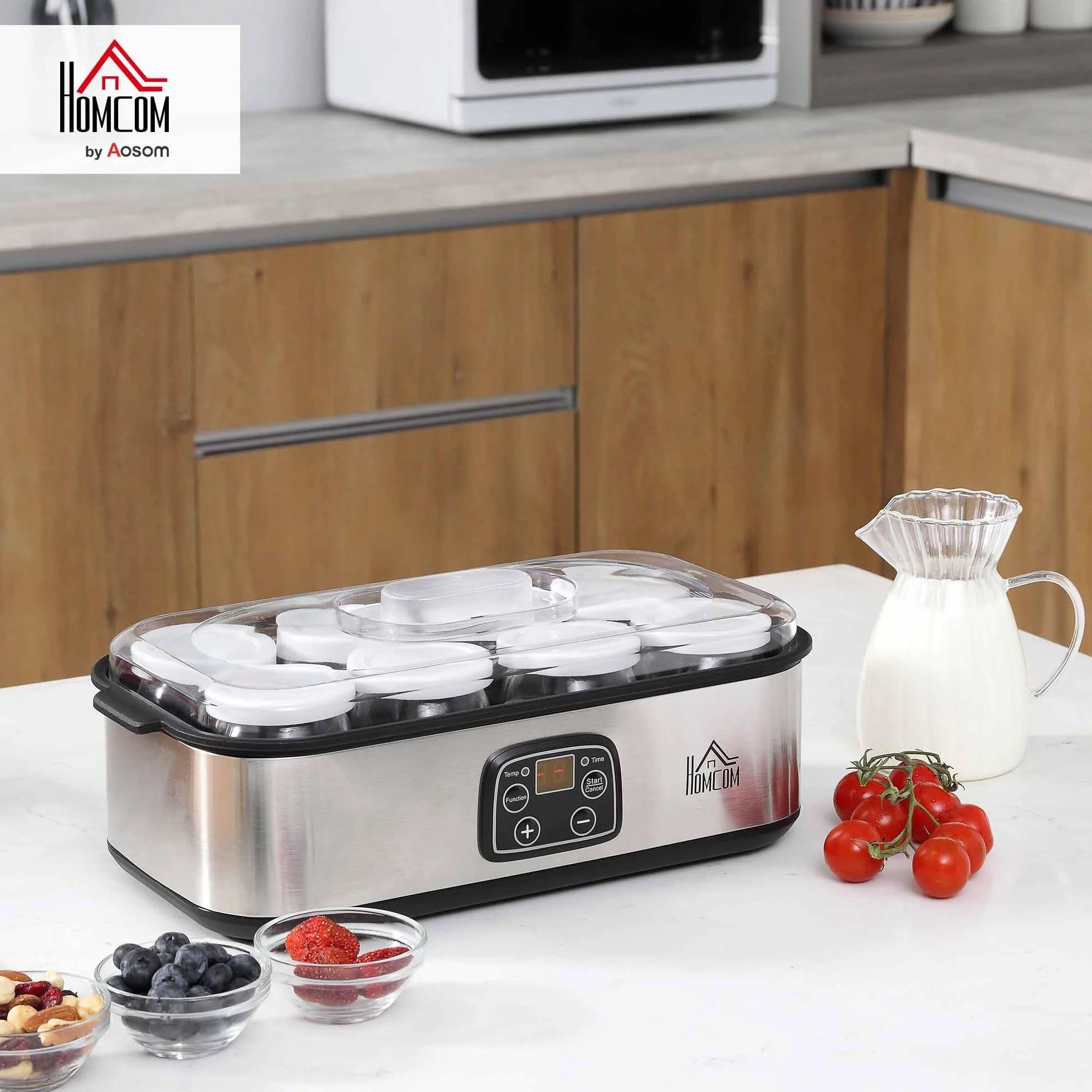 HOMCOM Yaourtière avec 8 Pots en Verre de 180ml, Machine à Yaourt Électrique en Acier Inoxydable avec Minuterie, Thermostat Réglable et Affichage Numérique pour des Desserts Maison Sains
